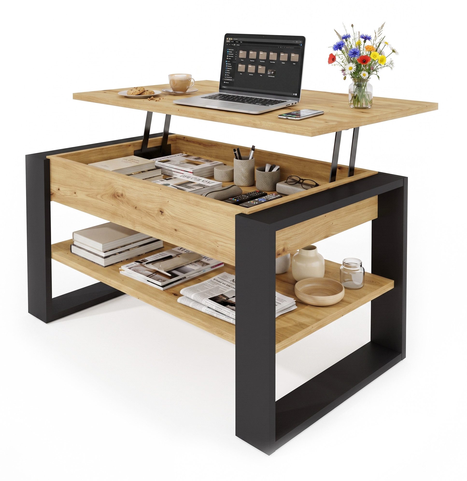 TREND WERK Couchtisch Lift-Couchtisch höhenverstellbar Sofatisch 92×55 cm mit Stauraum (verstecktem Fach Wohnzimmertisch Holz modern)