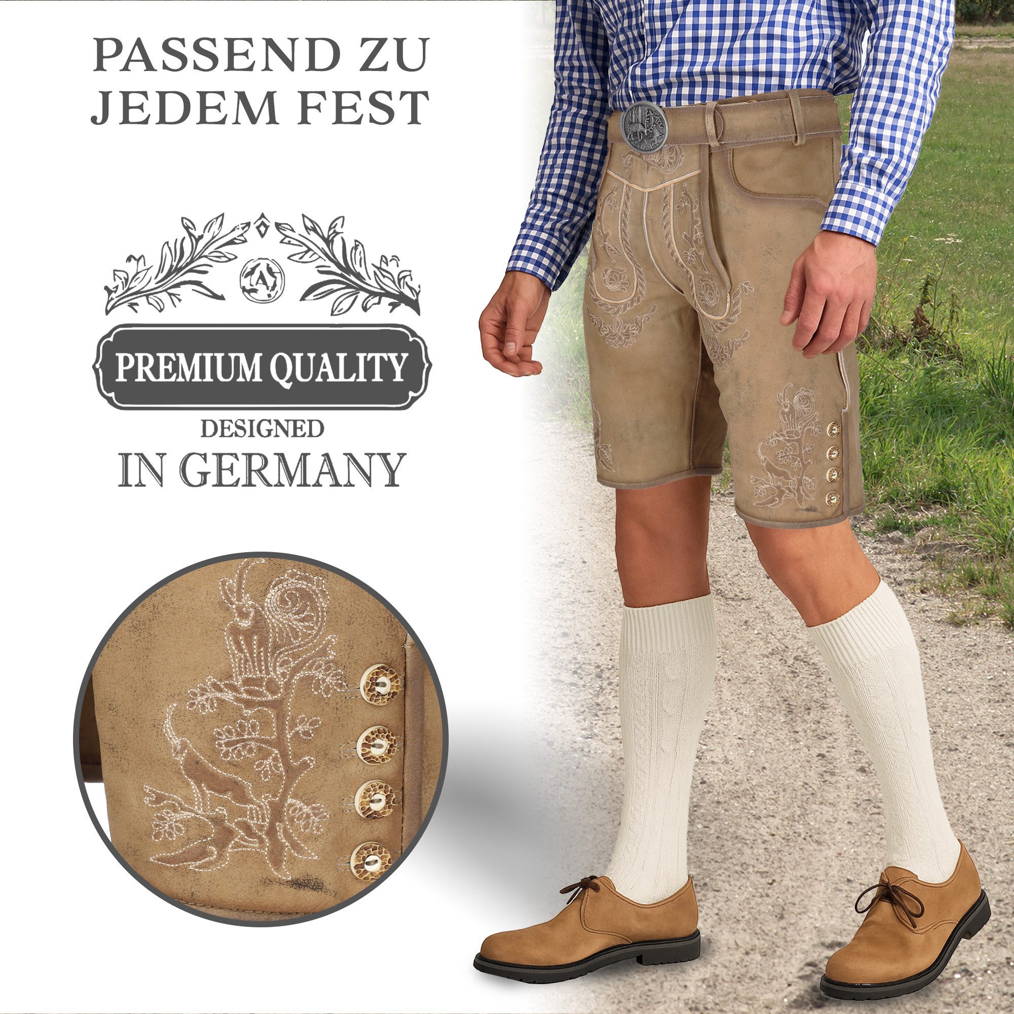Steigenhöfer Manufaktur Trachtenlederhose mit Gürtel - 100% Rindsleder - Lederhose Herren Kurz - Franz Handgemacht aus echtem Leder - Für Dein Oktoberfest Herre – Bild 5 von 5