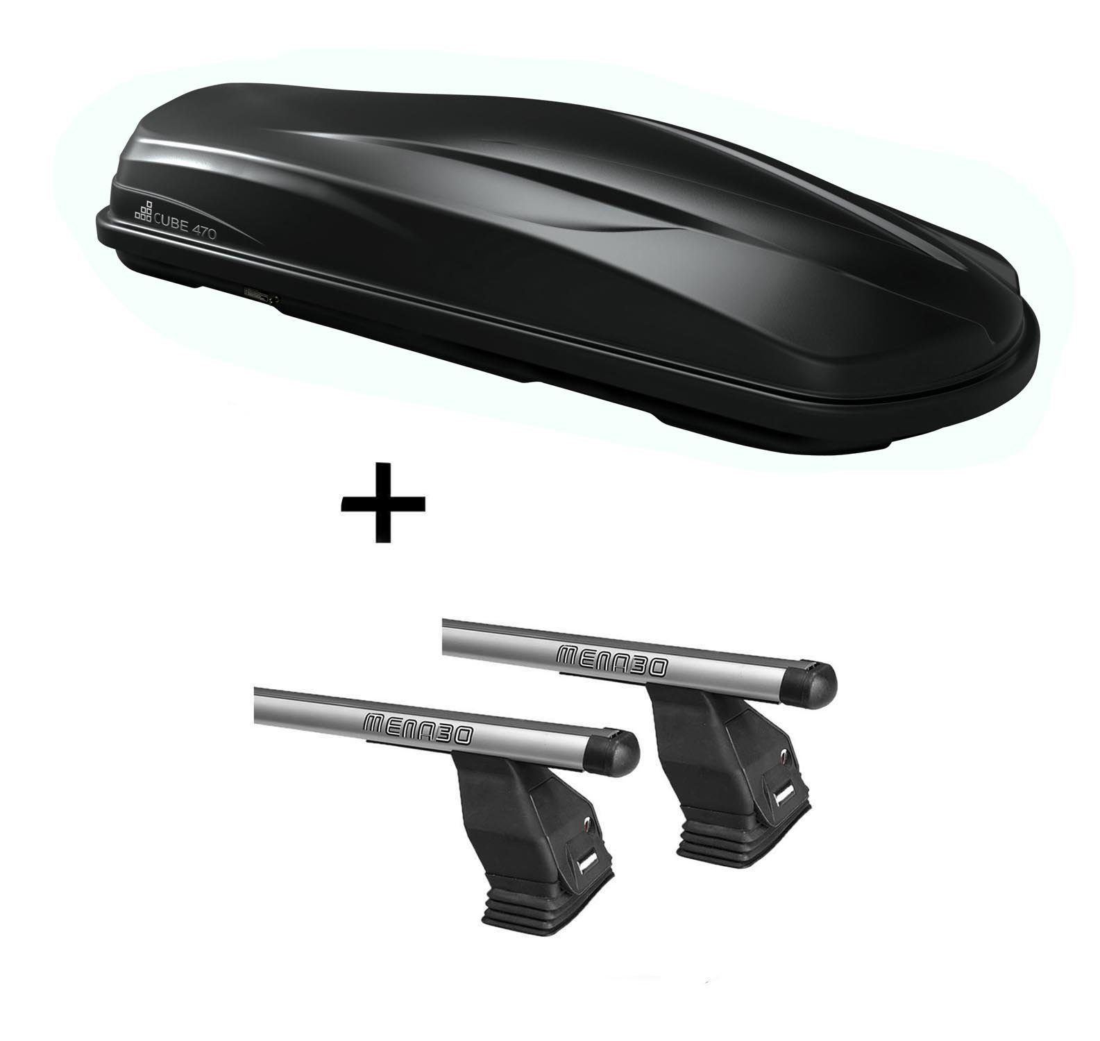 VDP Fahrradhalter, Dachbox/Gepäckbox CUBE470 + Dachträger Menabo Tema kompatibel mit VW Volkswagen T6 Transporter ab 2015