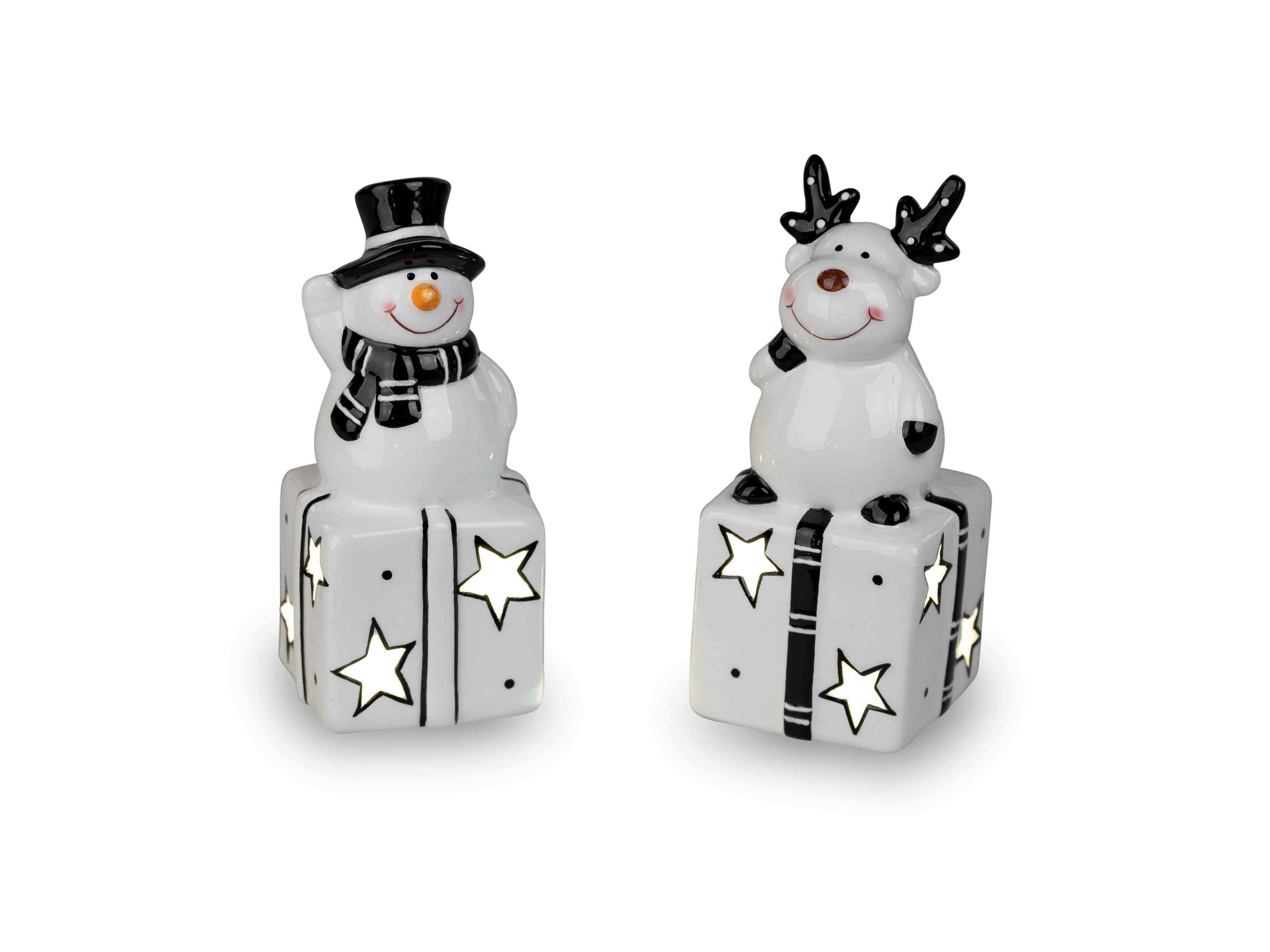 Schneemann & Elch 2er Set LED Dekofigur Elch Schneemann auf Geschenk