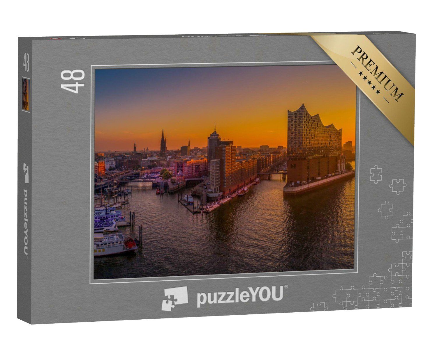 puzzleYOU Puzzle Sonnenaufgang über Hamburg mit der Elbphilharmonie, 48 Puzzleteile, puzzleYOU-Kollektionen 48 Teile, 500 Teile, 100 Teile, 200 Teile