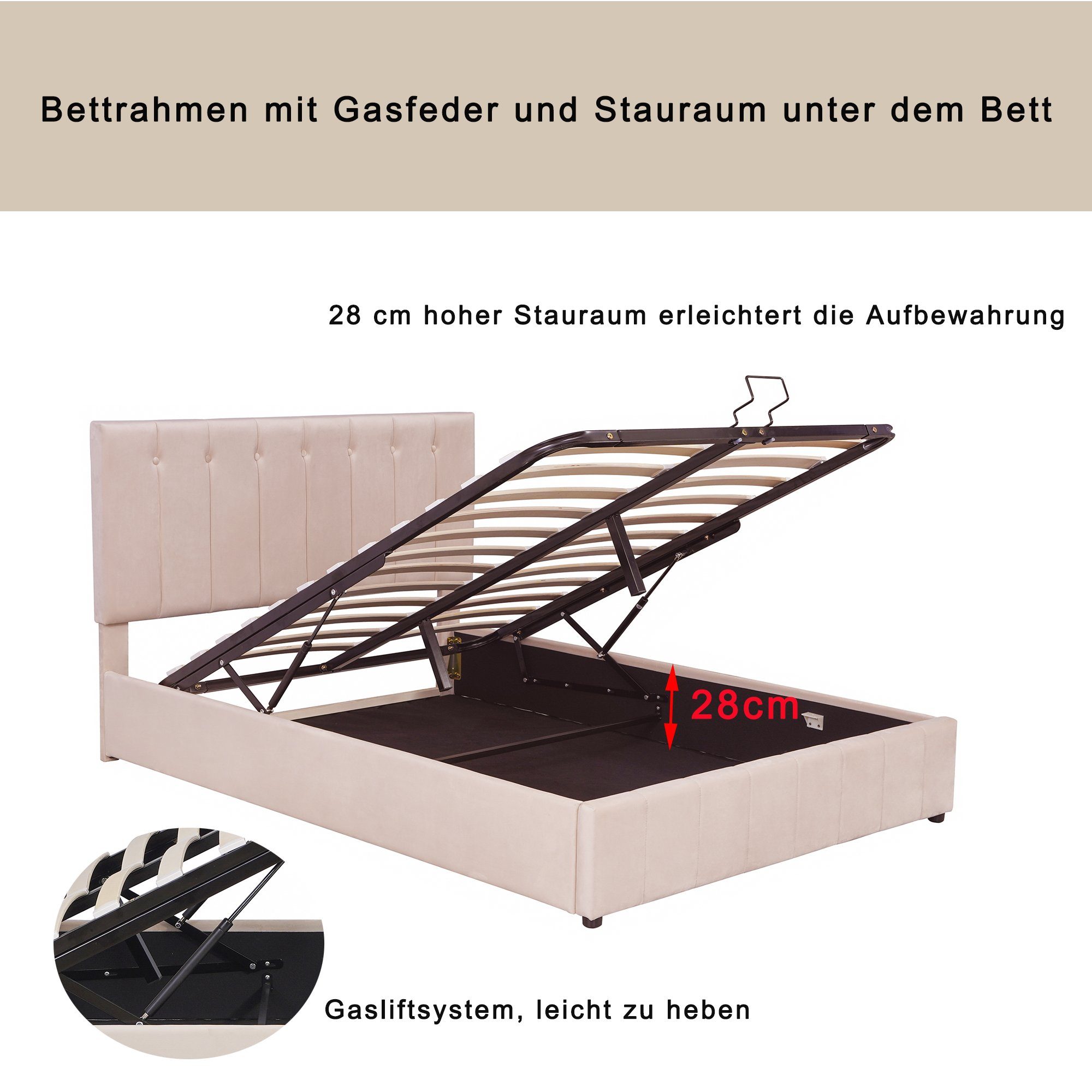 Polsterbett (Doppelbett, 1-tlg., 140x200 cm Hydraulisches Bett Funktionsbett, Samtbezug), mit Bettkasten & Lattenrost, Verstellbares Kopfteil