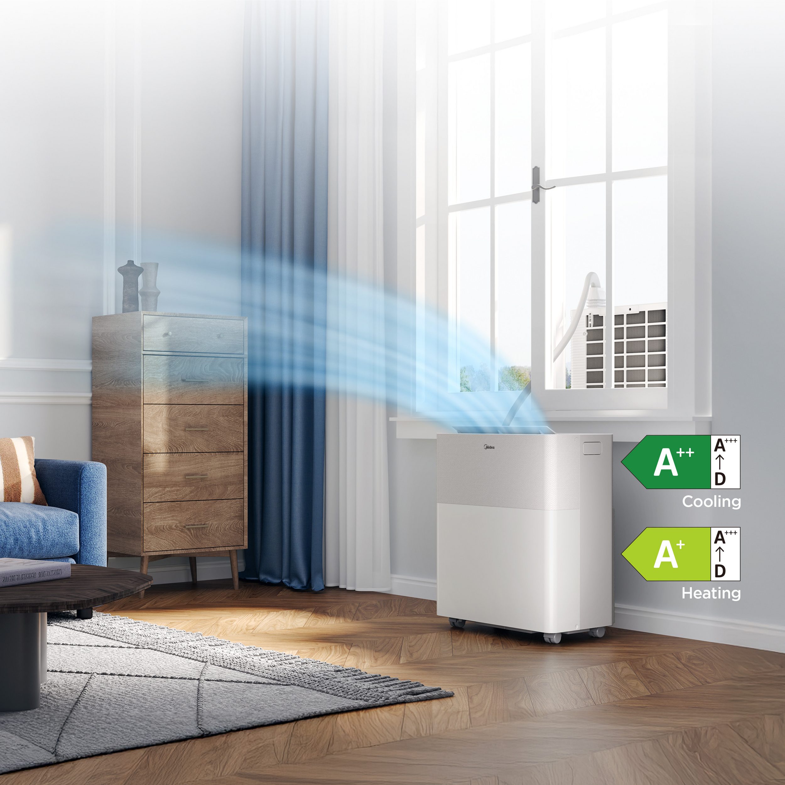 Midea Klimagerät PortaSplit-E, die 4-in-1 Ganzjahreslösung, Kühlen - Entfeuchten - Ventilieren - Heizen