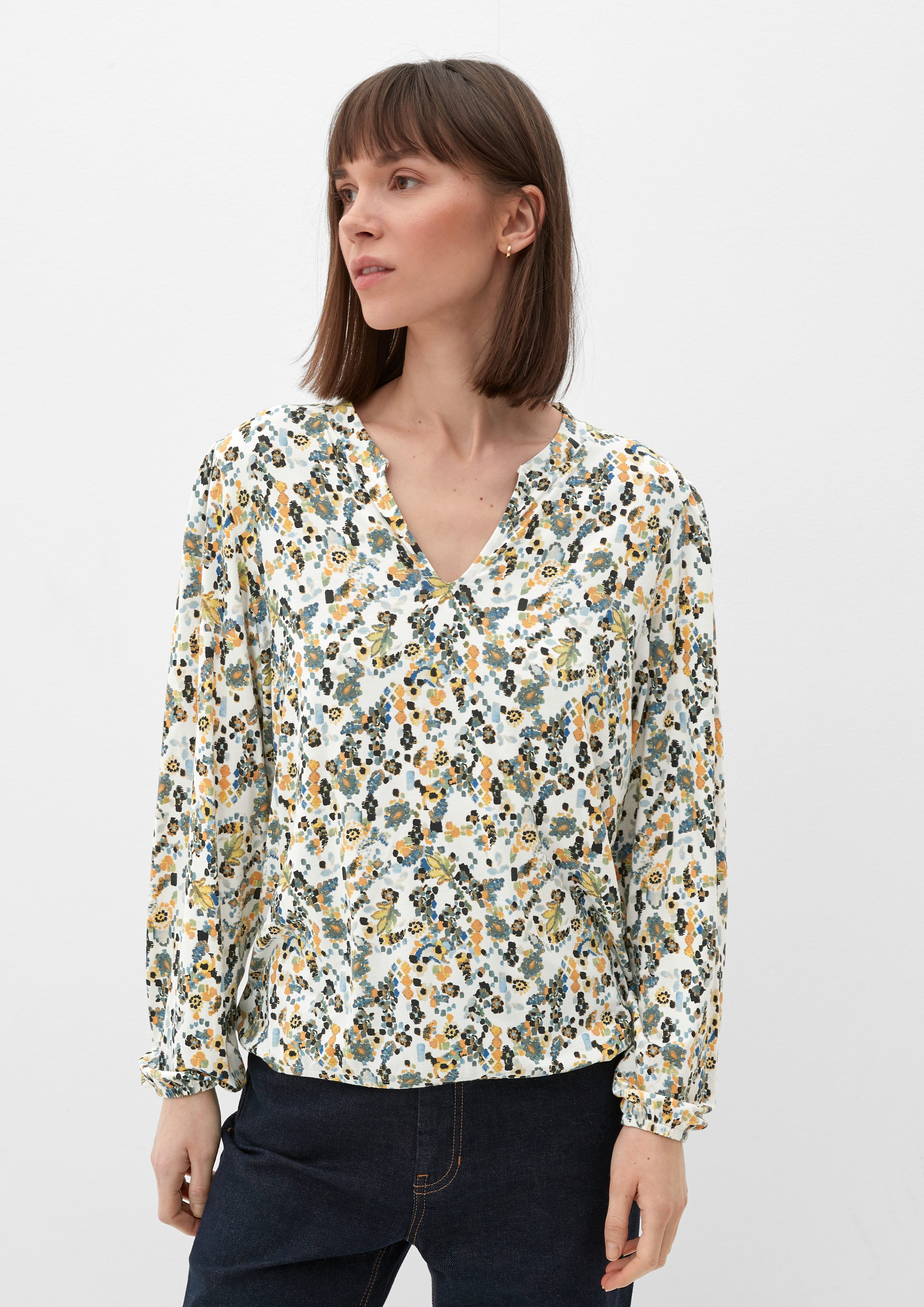 Langarmshirt Jerseybluse mit Tunika-Ausschnitt
