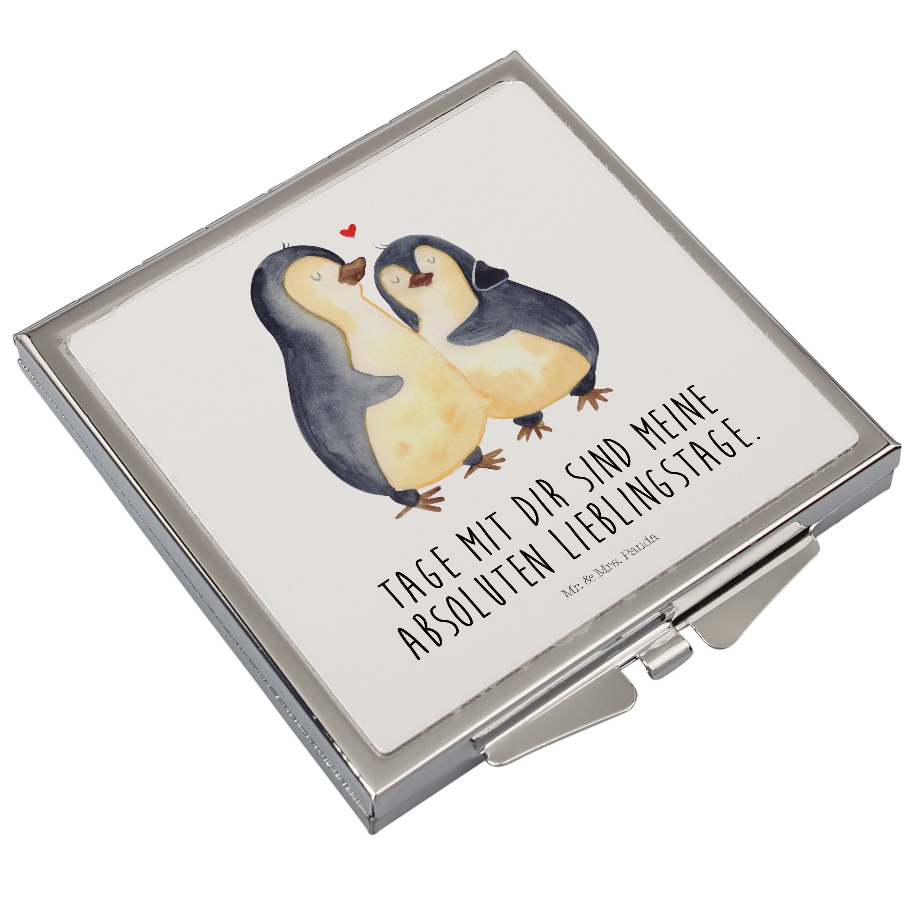 Pinguin Jahrestag, Geschenk, - Kosmetikspiegel Panda & Mrs. umarmend Mr. Weiß - Quadrat (1-St) Liebe, silber,