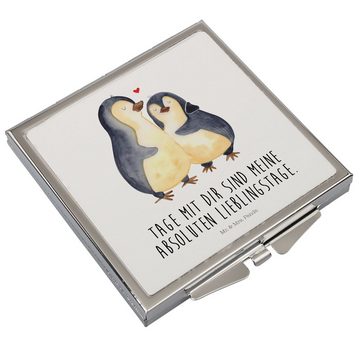 Mr. & Mrs. Panda Kosmetikspiegel Pinguin umarmen - Weiß - Geschenk, Liebe, Jahrestag, silber, Quadrat, (1-St), passt überall