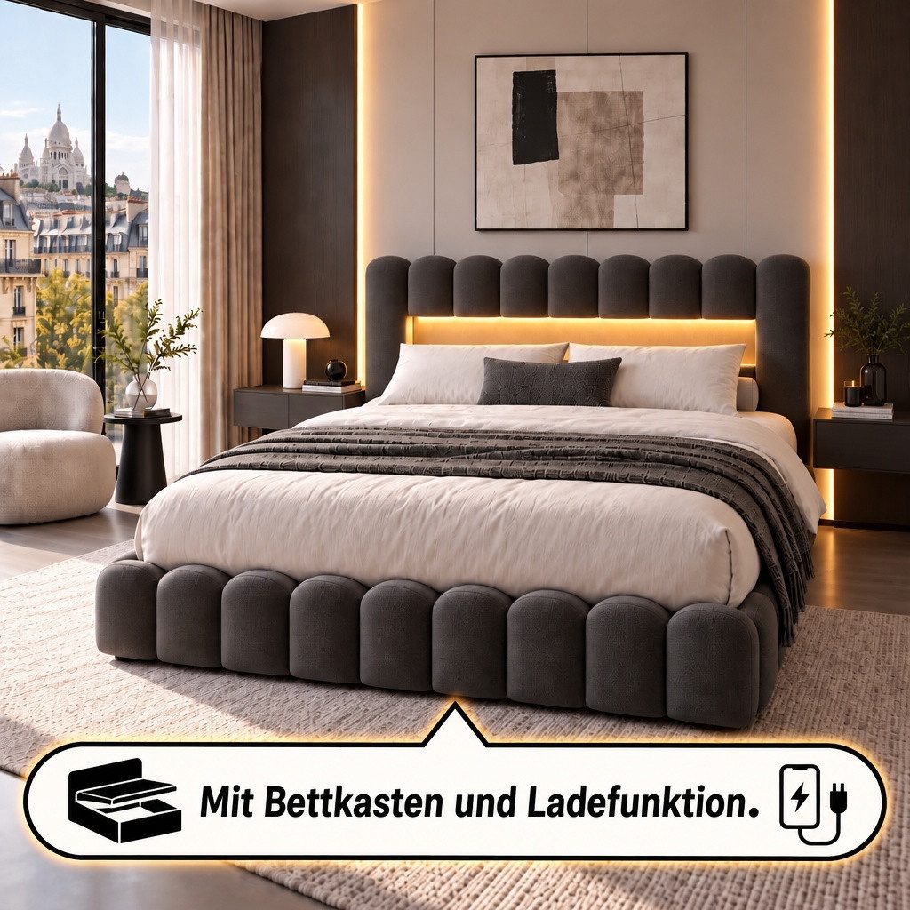Gdood Polsterbett Stauraumbett Doppelbett LED (Type-C + USB, Hydraulisch hebbarer Stauraum), Mit Bettkasten, LED-Beleuchtung, USB-Anschluss, 180x200 cm