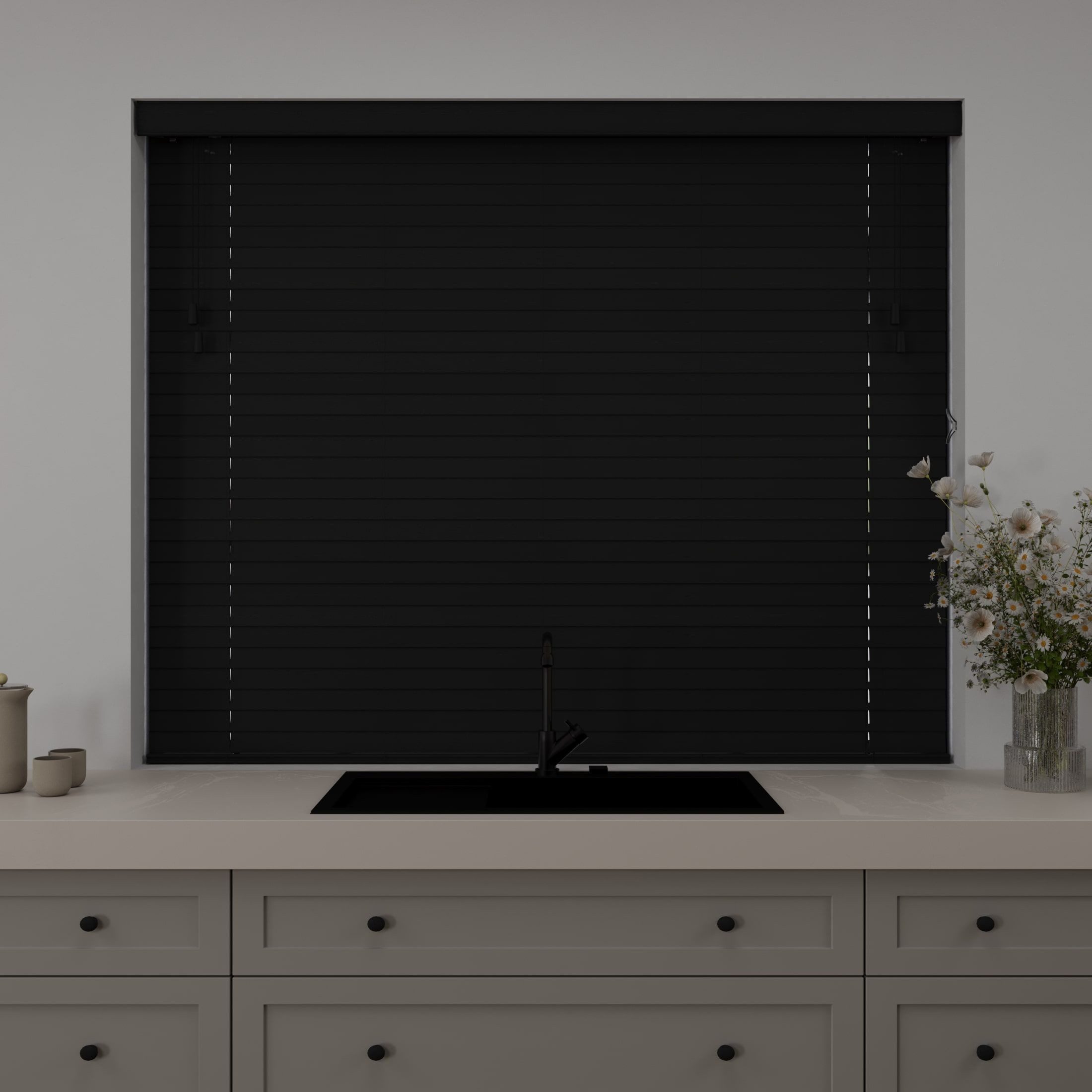Cocoon Home Jalousie Holzjalousie 50mm Lammelen, Holz Jalousie in Breiten von 50 bis 240 cm, Halterung, Bohren, Echtholz, Bohrmontage, Innenjalousie 50 x 130 - Schwarz