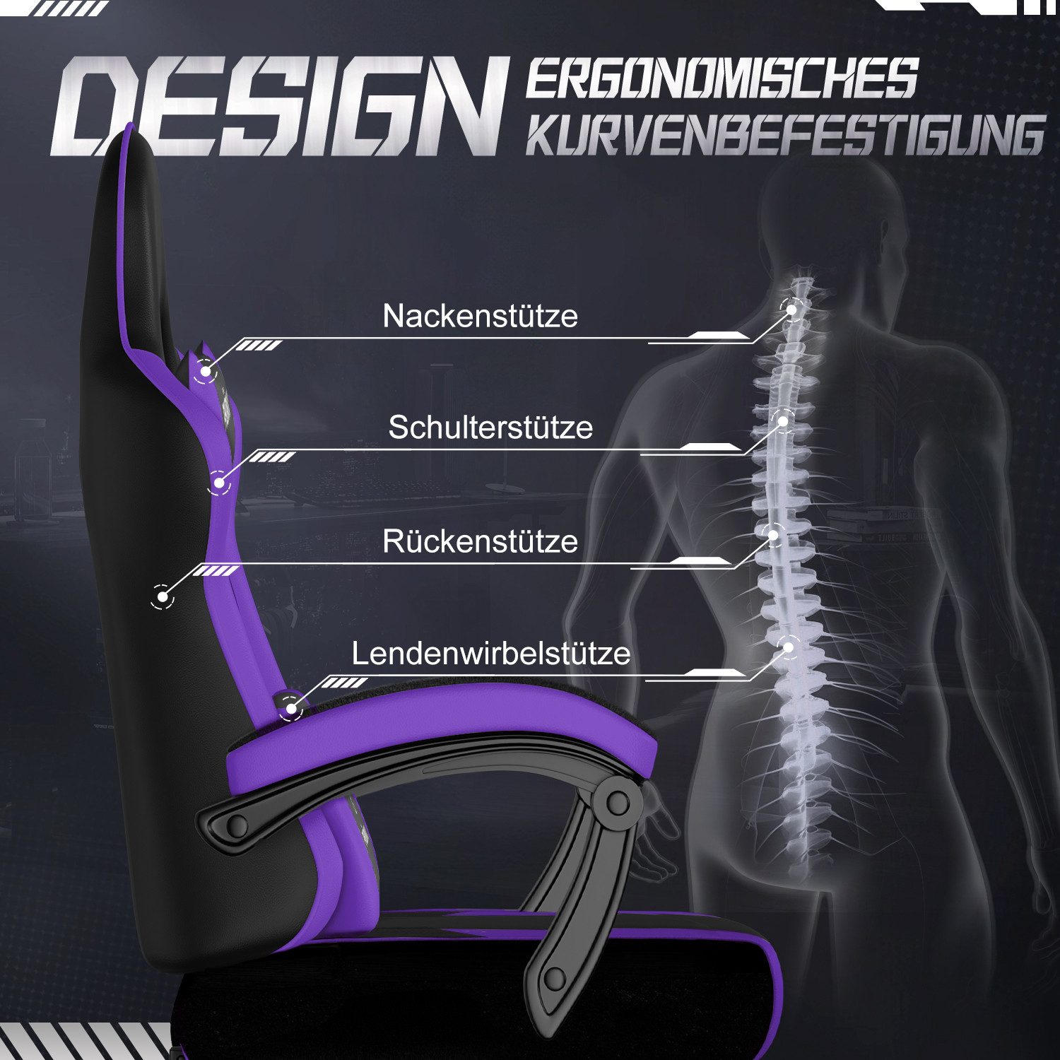 Adormii Gaming-Stuhl Gaming Stuhl ergonomisch Gaming Chair Bürostuhl verstellbare (Gaming Stuhl mit verstellbaren Lendenkissen, Armlehne und Kopfstütze, Gamer S – Bild 4 von 5