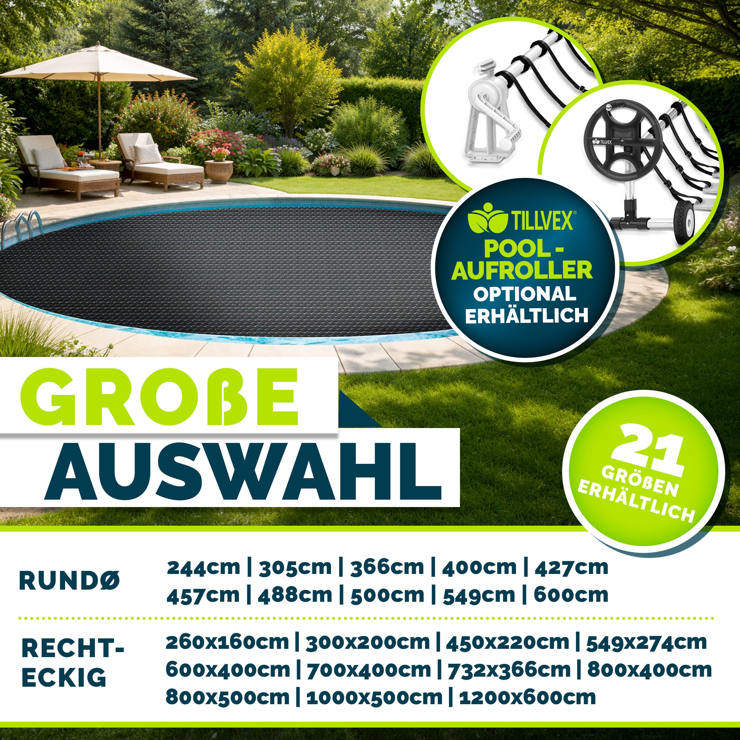 tillvex Pool-Abdeckplane tillvex Pool Solarfolie Solarplane Solarheizung Solarabdeckplane Poolh (Pool Solarabdeckplane Rund & Rechteckig, Prozent), Hochwertige Pool-Solarfolie für sparsames Aufheizen des Wassers