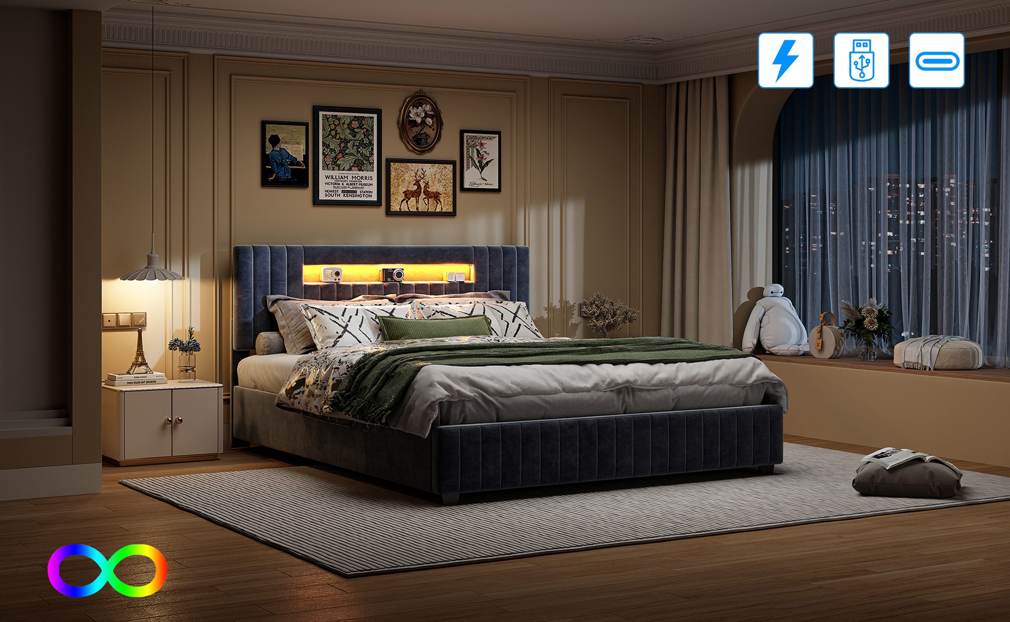 Gdood Polsterbett Doppelbett LED Stauraumbett (1-tlg., Ausgestattet mit hydraulischem Bettkasten), Mit LED Beleuchtung, Lattenrost, Samt, 140x200 cm