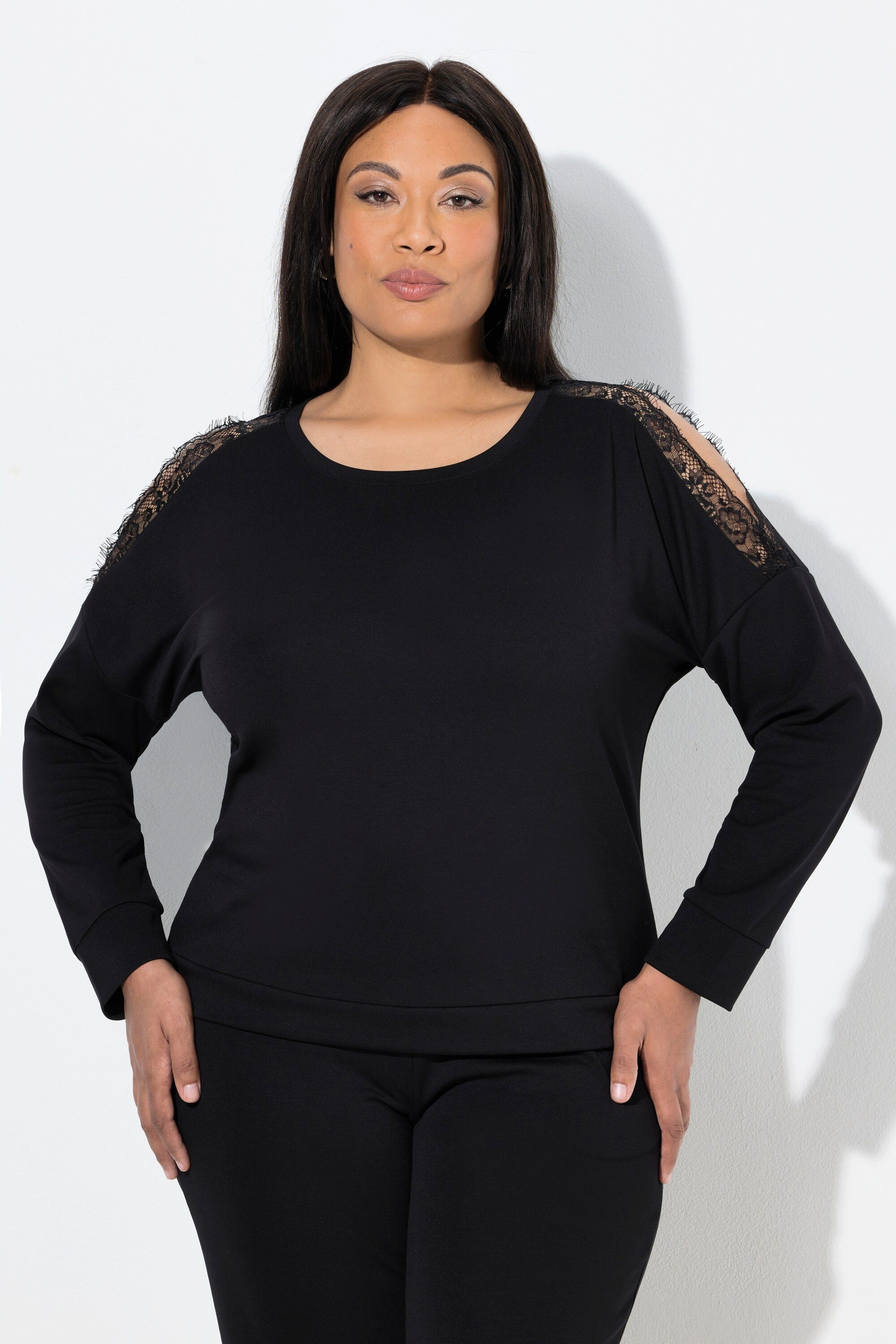 Ulla Popken Sweatshirt Sweatshirt Spitzeneinsatz Rundhals Langarm günstig online kaufen