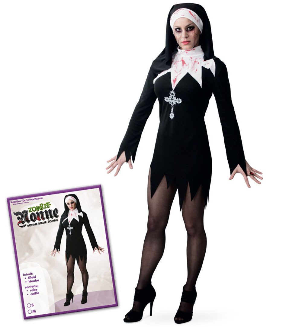 Fries Nonnen-Kostüm Sexy Zombie Horror Nonne Longshirt + Haube Halloween Karneval Fasching