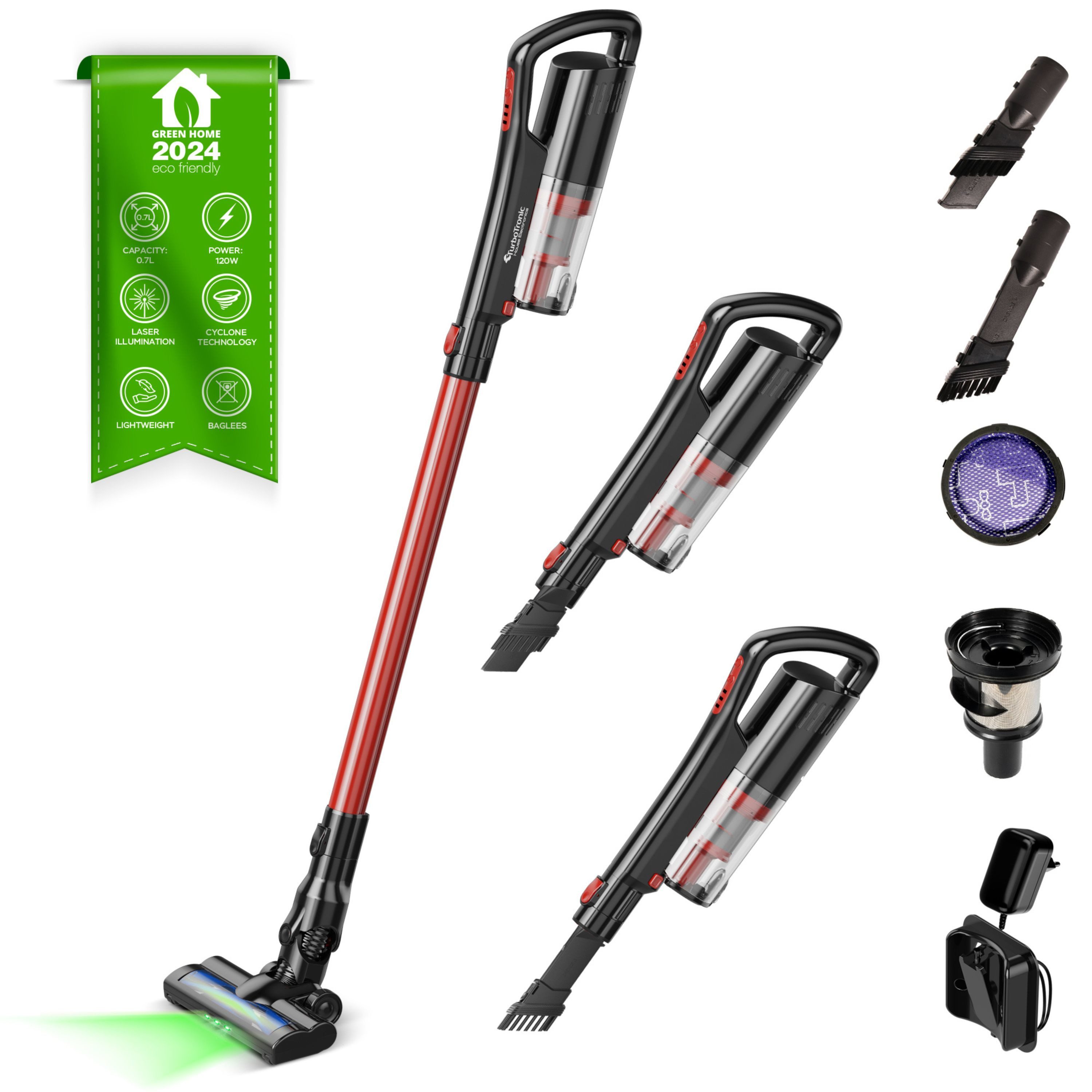 TurboTronic by Z-Line Akku-Hand-und Stielstaubsauger 120 Watt TurboTronic 11 kpA mit Laser Kabellos Staubsauger, 120 W, beutellos, 2-in-1 Akku-Staubsauger, faltbares Saugrohr, Laser-Technologie