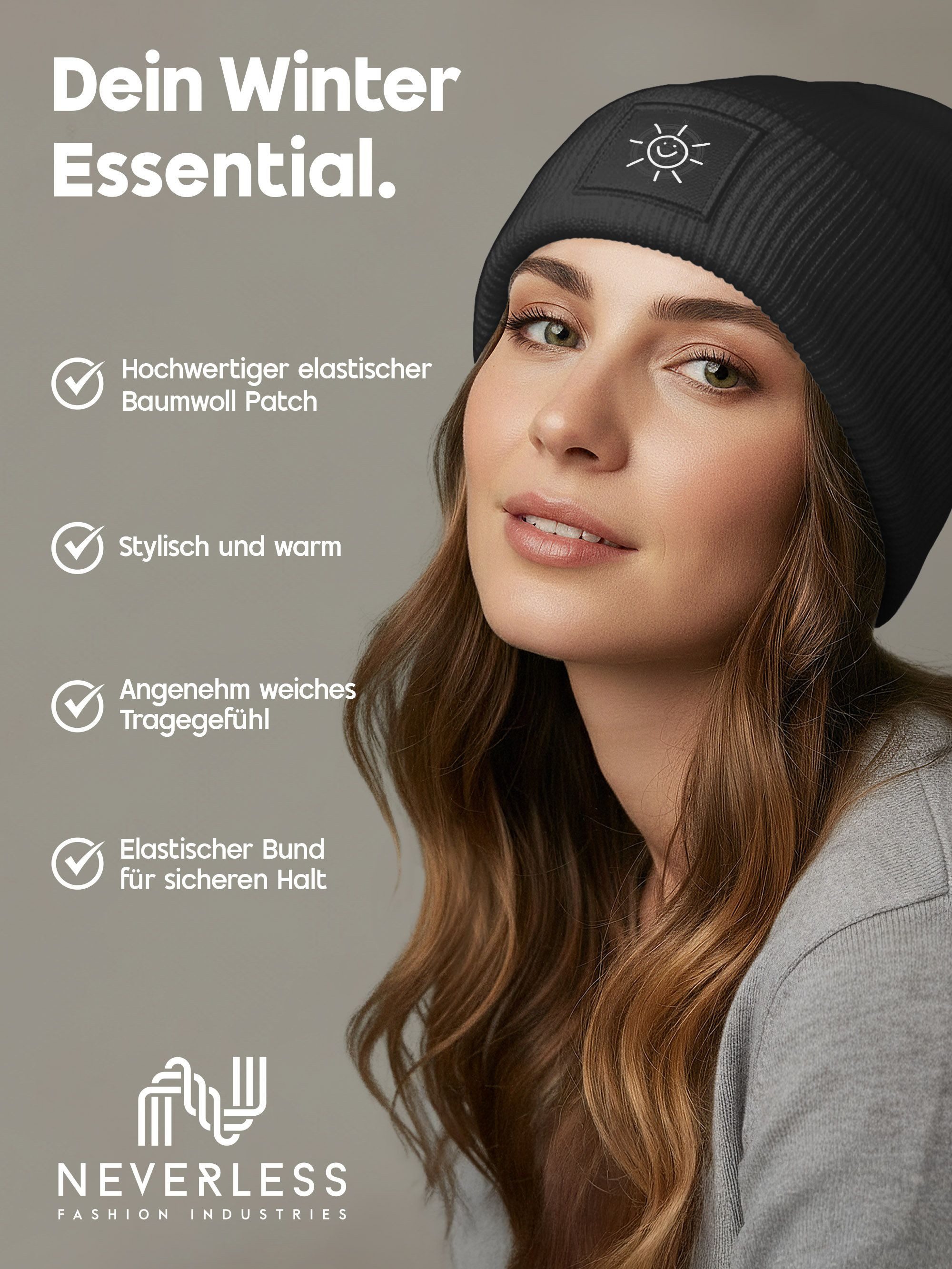 Neverless Strickmütze Beanie Patch Smile Sonne Aufdruck Positive Vibes Print Wintermütze – Bild 3 von 5