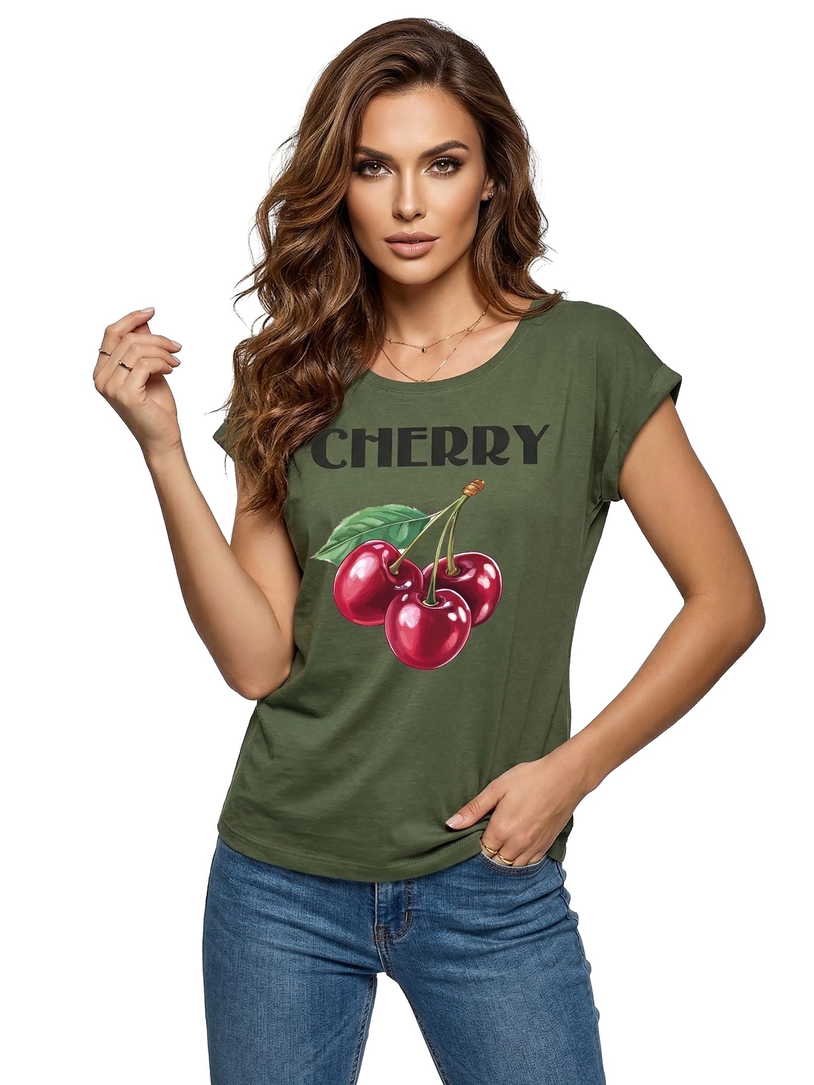 MAKAYA Kurzarmshirt Damen Sommer Shirt mit Aufdruck Kirschen Luftig Elegant Sportlich (Weiß, Rosa, Grau, Grün, 34, 36, 38, 40, 42, 44, 46, 48, 50) große Größen