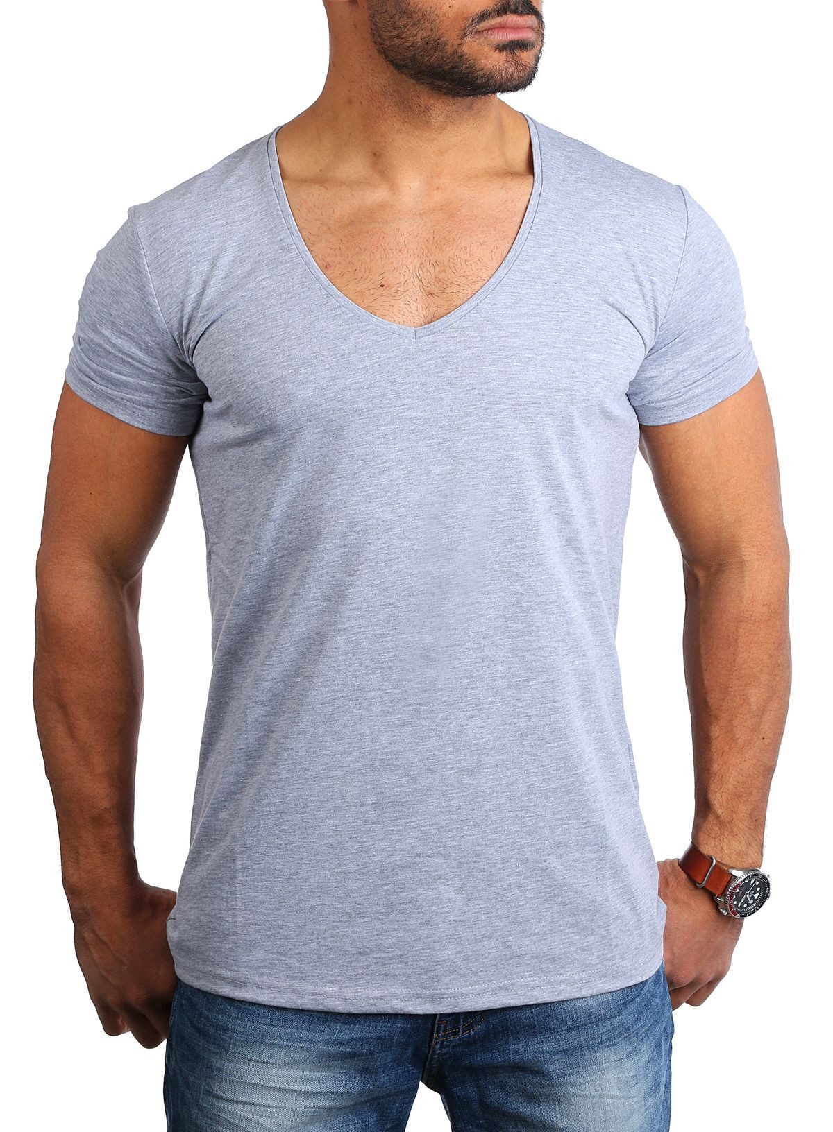 Young & Rich T-Shirt Herren Uni Basic extra tiefer Ausschnitt Unterziehshirt 1315 V-Ausschnitt unifarben kurzarm slim fit