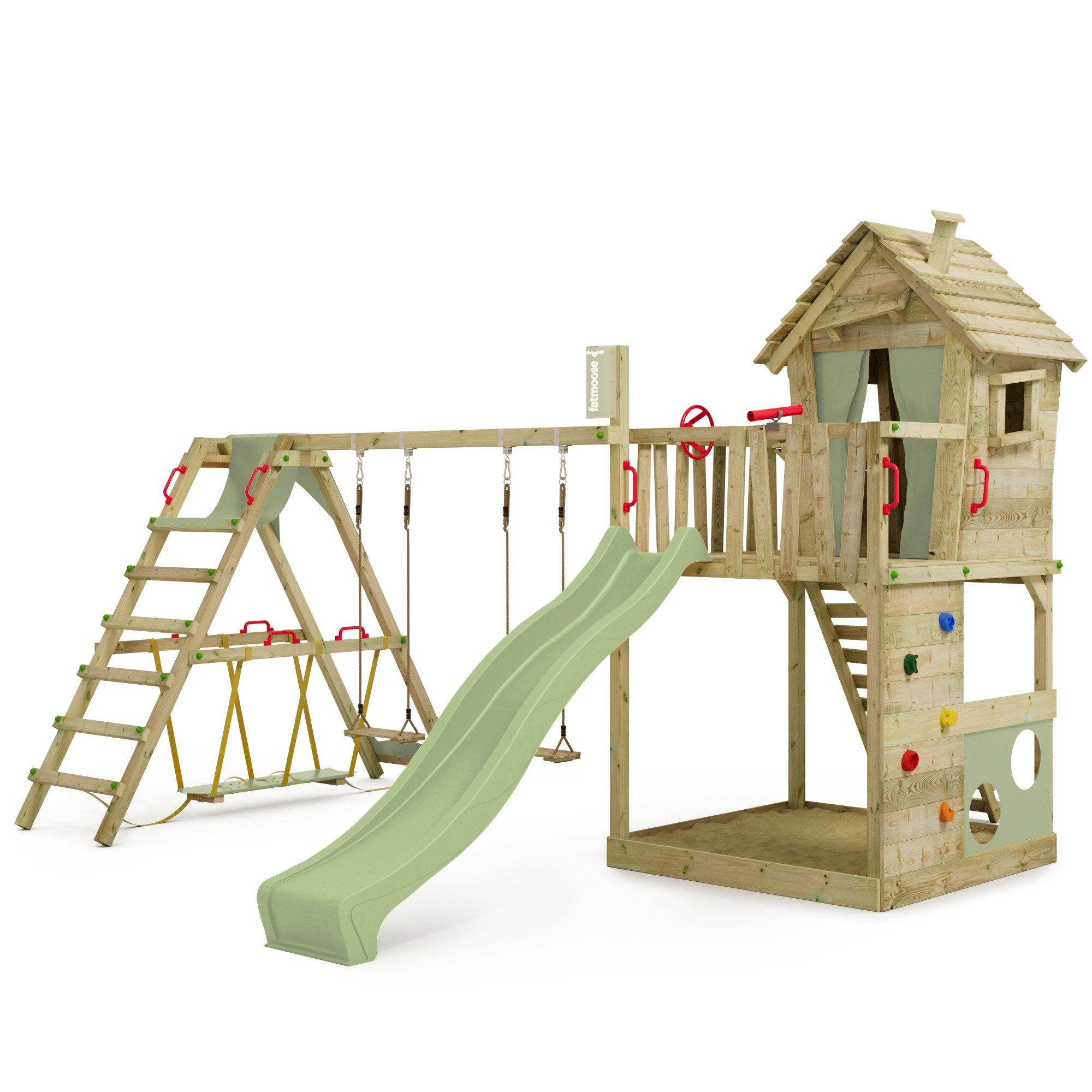 FATMOOSE Spielturm Stelzenhaus HappyHome mit Schaukel, SurfSwing & Rutsche, 10-jährige Garantie*, riesiger integrierter Sandkasten und Wackelbrett