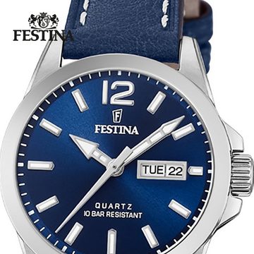 Festina Quarzuhr Festina Analog Damen Uhr F20456/3 Leder, Damen Armbanduhr rund, Lederarmband blau