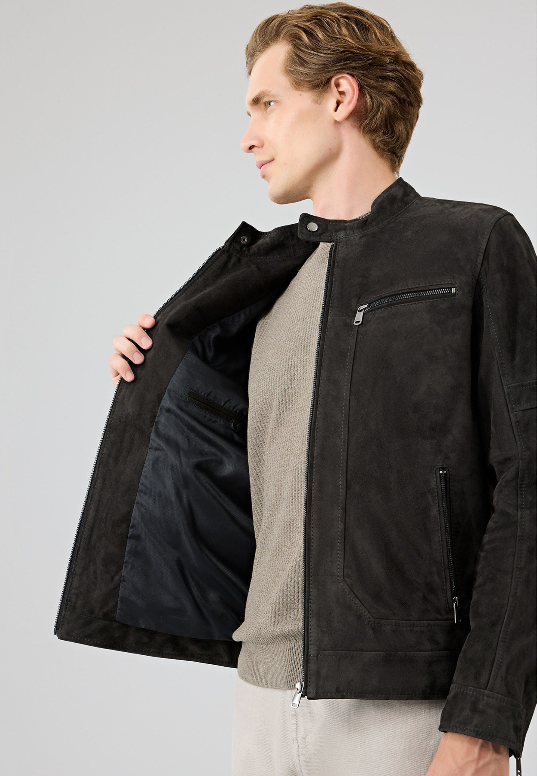 Derimod Lederjacke Patrick Wildlederjacke Regular Fit, Reißverschluss, Stehkragen, Kurz, Textilfutter