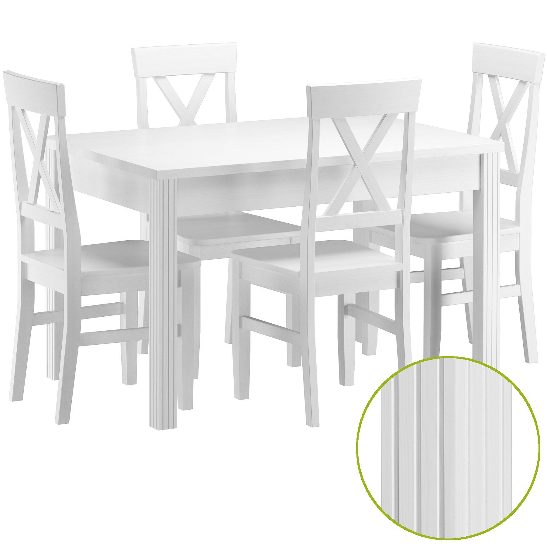ERST-HOLZ Essgruppe Esszimmergarnitur Massivholz weiß mit Tisch und 4 Stühlen