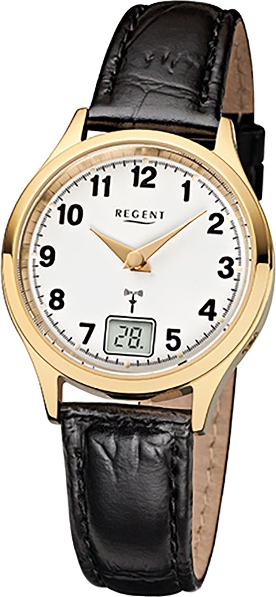 Regent Funkuhr Regent Leder Damen Uhr FR-194 Funkuhr, Damenuhr mit Lederarmband, rundes Gehäuse, (ca. 29mm), Elegant-Style