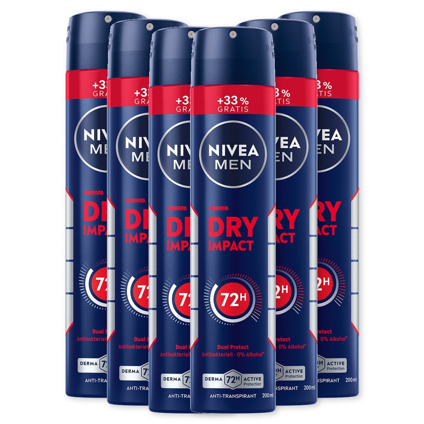Nivea Men Deo-Spray Dry Impact​ XL 6x200ml DERMA 72h Aktiv-Schutz, 6-tlg., mit 48H Trockenschutz