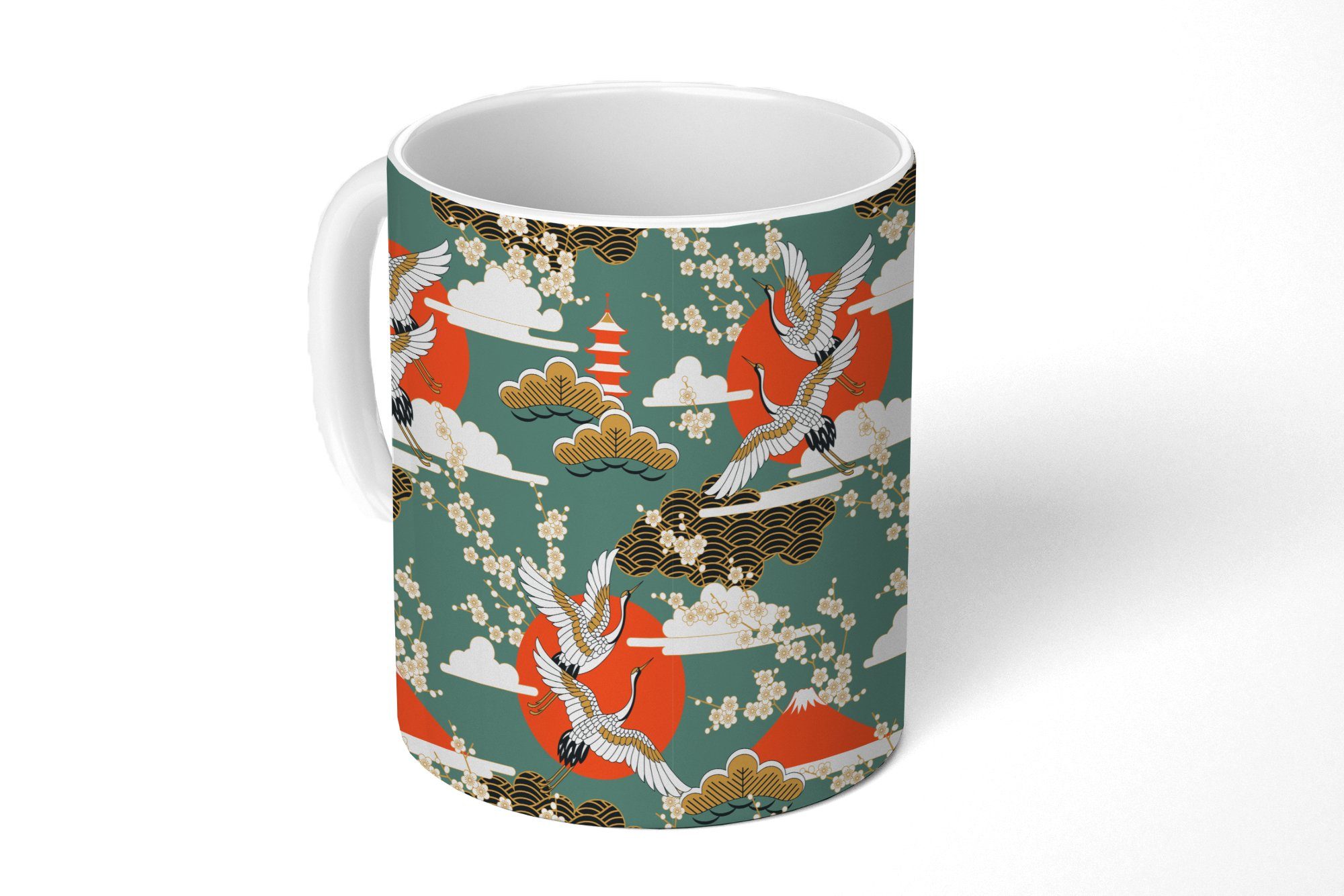 Kranich Teetasse, Sonne Sakura Becher, Geschenk Tasse Kaffeetassen, MuchoWow - Teetasse, - Muster, Keramik, -