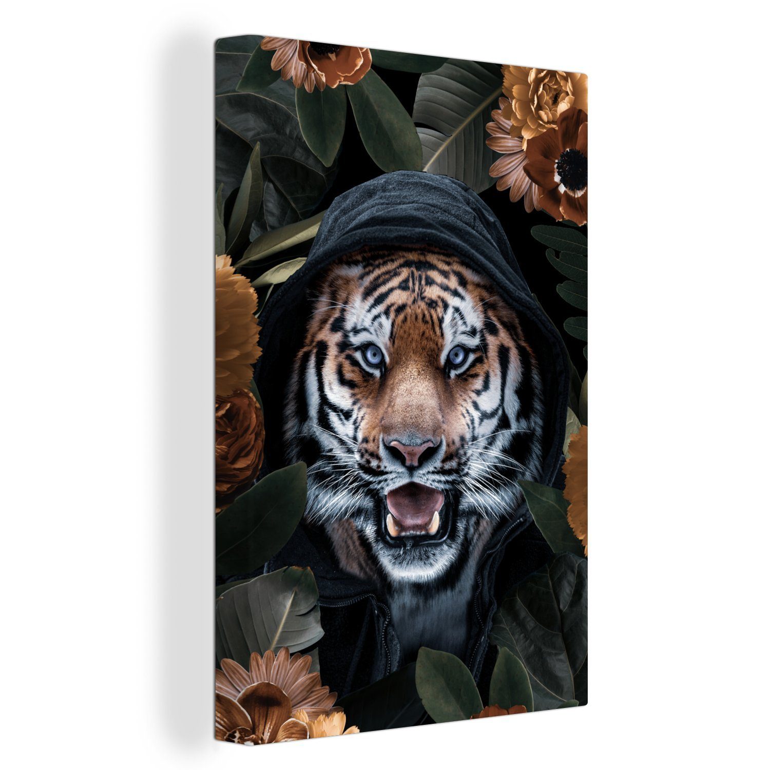 OneMillionCanvasses® Leinwandbild Tiger - Blumen - Orange, (1 St), Leinwandbild fertig bespannt inkl. Zackenaufhänger, Gemälde, 20x30 cm