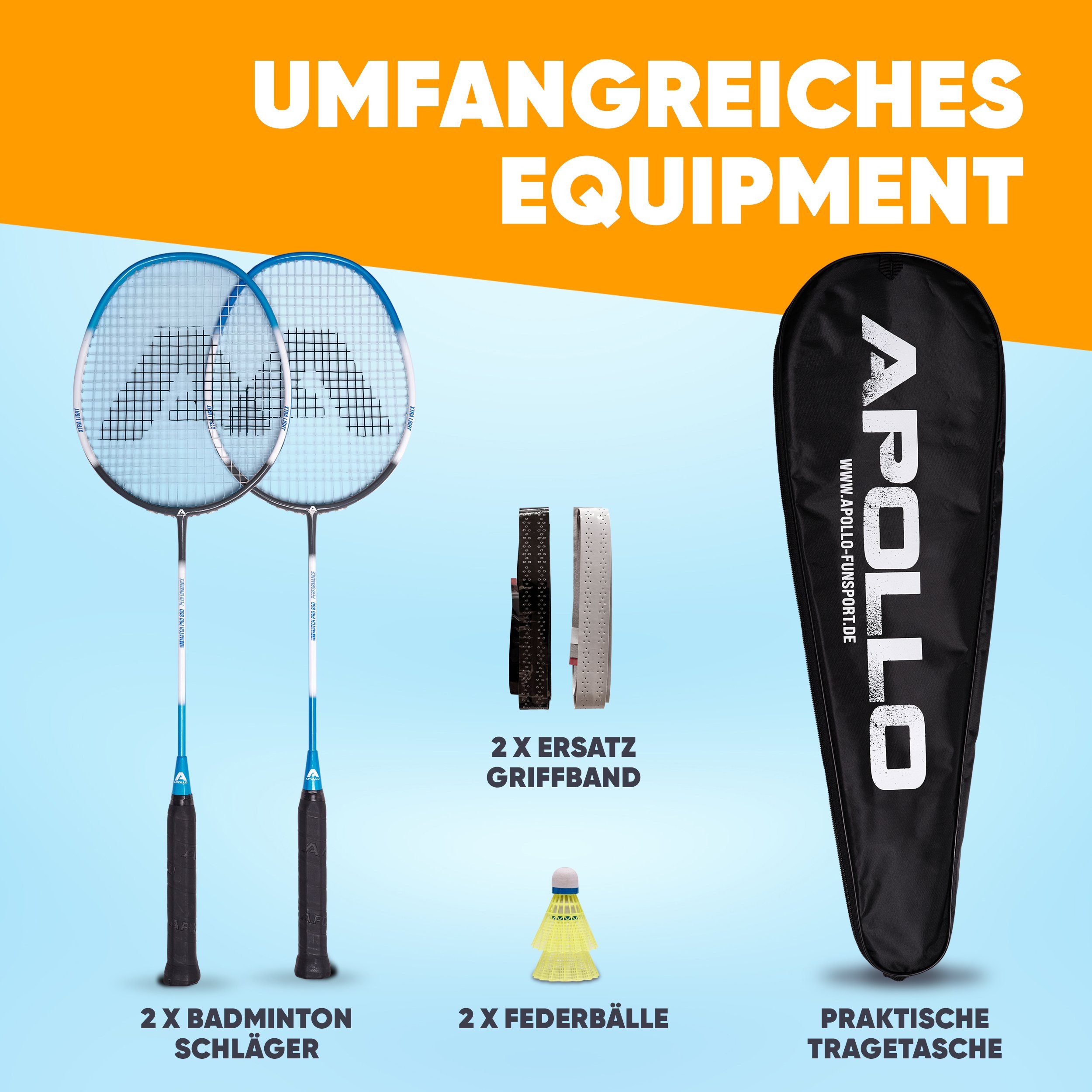 Apollo Badmintonschläger Badminton Set Badminton Match Pro 800, (Set, inkl. 2 Bällen und Tragetasche), inkl. 2 Bällen und Tragetasche