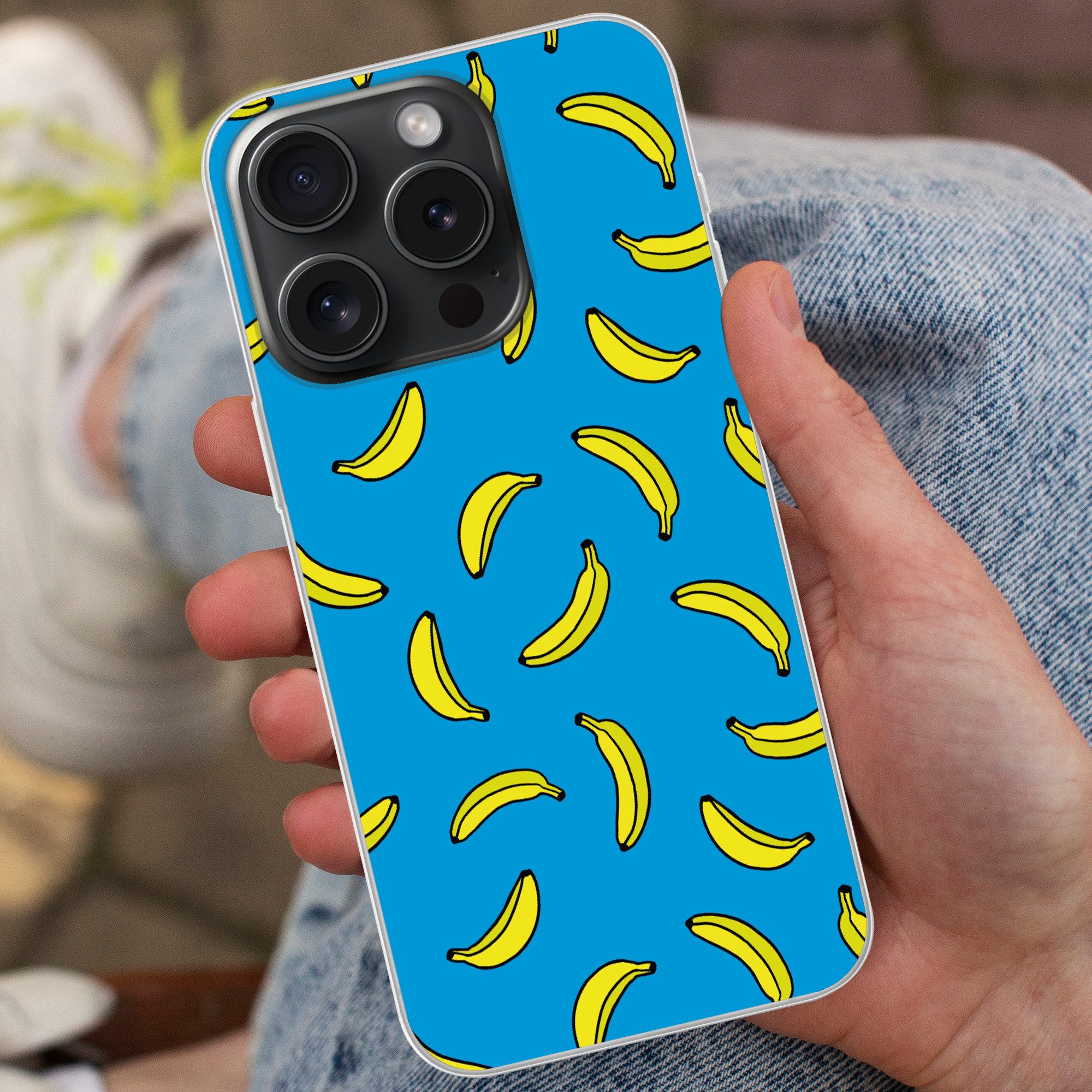 MuchoWow Handyhülle für Apple iPhone 15 Pro Bananen - Gelb - Blau - Druck, Smartphone-Bumper, Print, Handy Schutzhülle Dünn