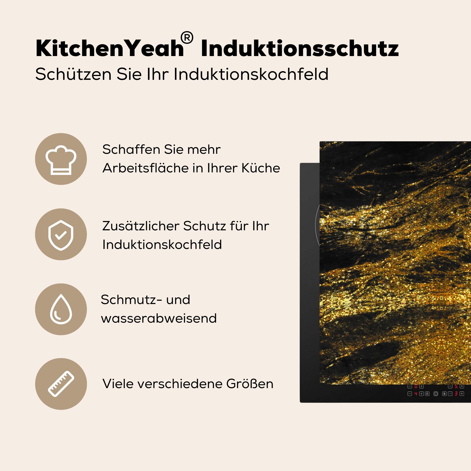 Trendy, Schwarz MuchoWow für 78x78 Arbeitsplatte Gold küche (1 - Ceranfeldabdeckung, Marmor Herdblende-/Abdeckplatte Vinyl, - tlg), - cm,