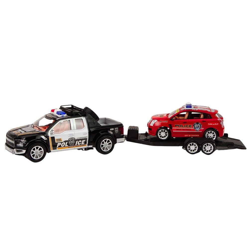 LEAN TOYS Anhänger Abschleppwagen Geländewagen Polizeiset, Spar-Set, 3-tlg., 60 x 12 x 11 cm robust, Friktionsantrieb, abnehmbarer Anhänger, 2 Fahrzeuge
