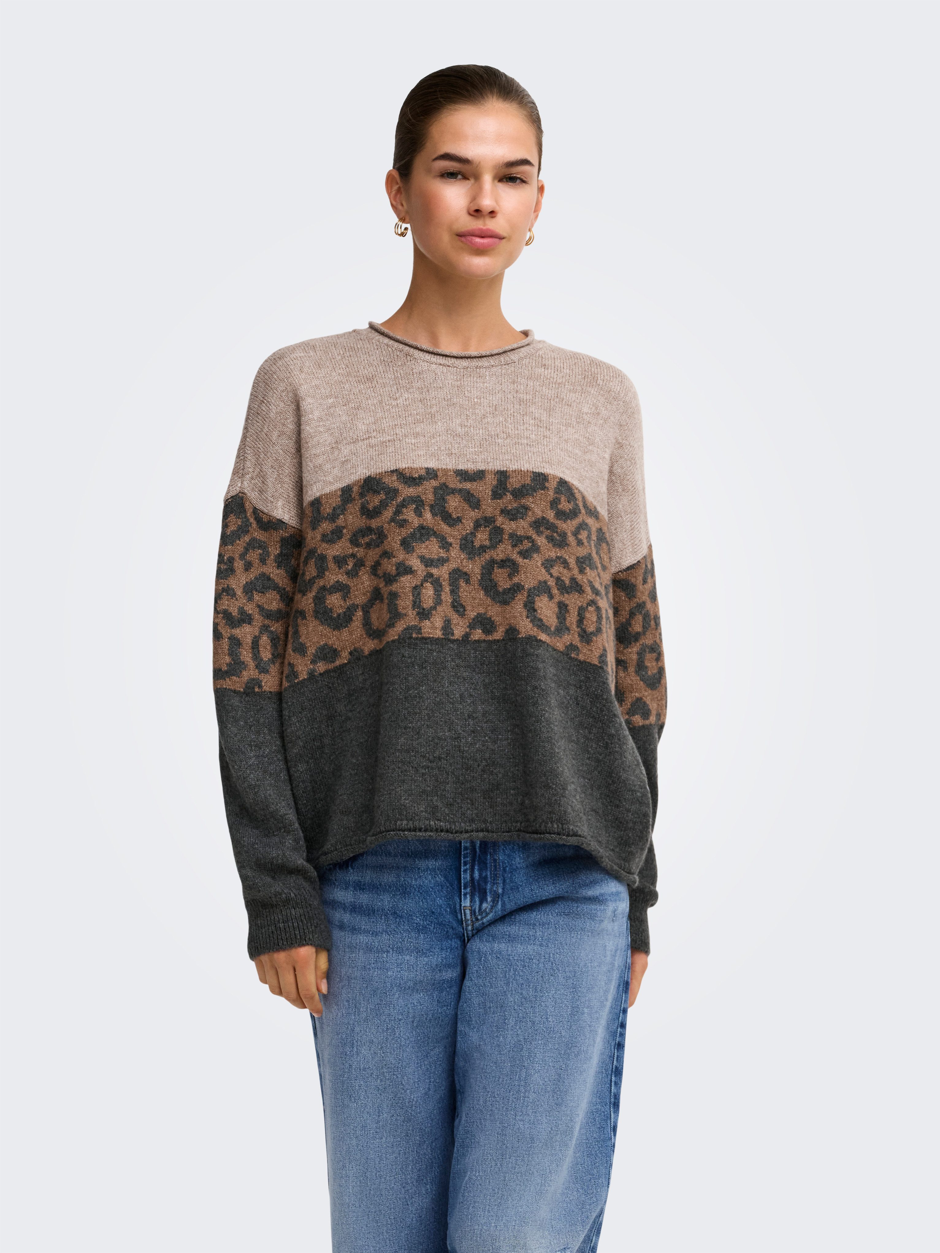 ONLY Rundhalspullover ONLJADE ANIMAL LS O-NECK NOOS KNT Kunstfaser, regular fit
