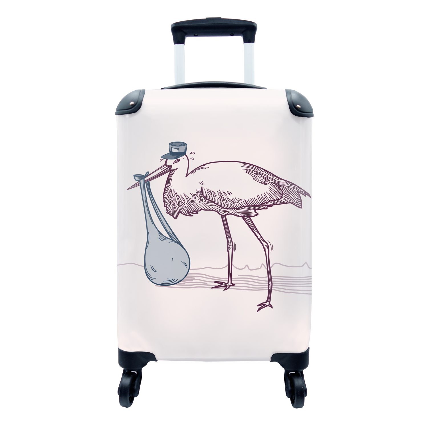 MuchoWow Handgepäckkoffer Kindheitsillustration eines Storchs mit einem Baby, 4 Rollen, Reisetasche mit rollen, Handgepäck für Ferien, Trolley, Reisekoffer