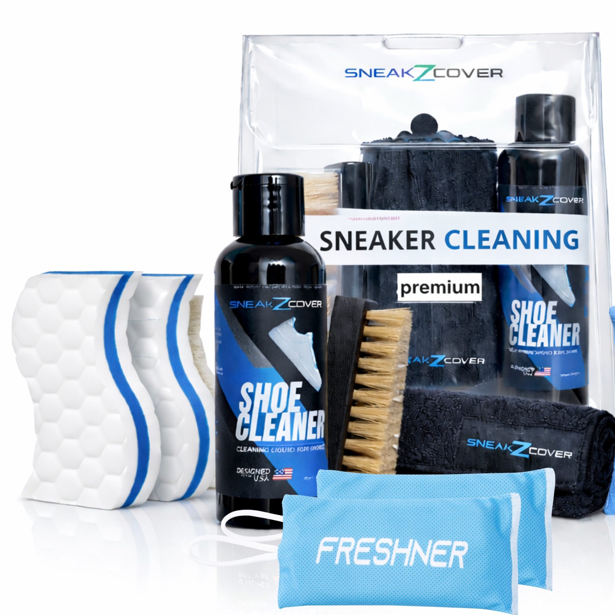 SneakZcover Sneaker Cleaner Set Premium Schuhputzset Schuhreiniger (Schuh Reiniger, Mikrofasertuch, Schuhbürste, Schmutzradierer, Schuhdeo)