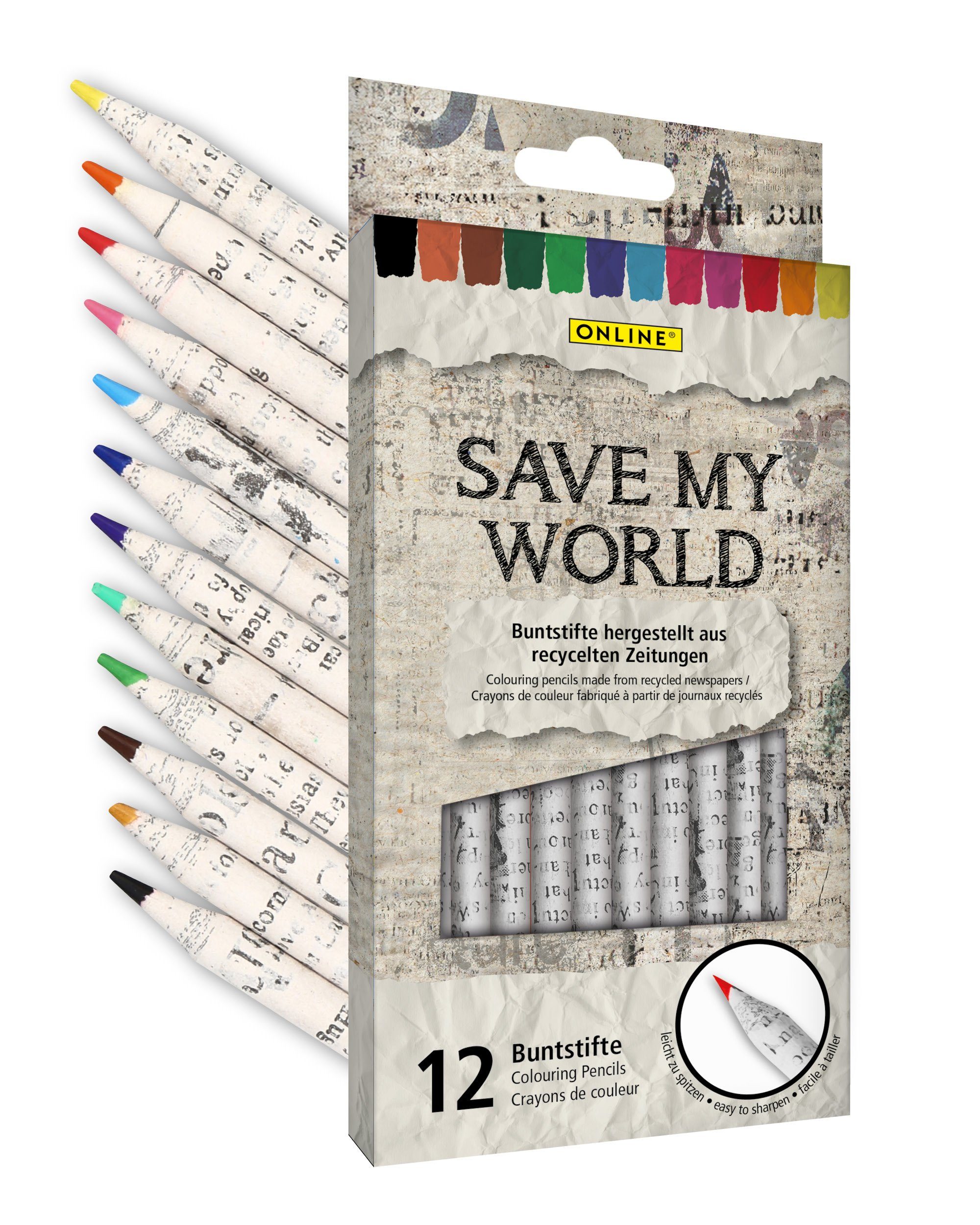 Online Pen Buntstift Buntstifte SMW, (zum Zeichnen, Malen, Skizzieren, umweltfreundliche Malstifte), 12x Buntstifte aus recyceltem Zeitungspapier