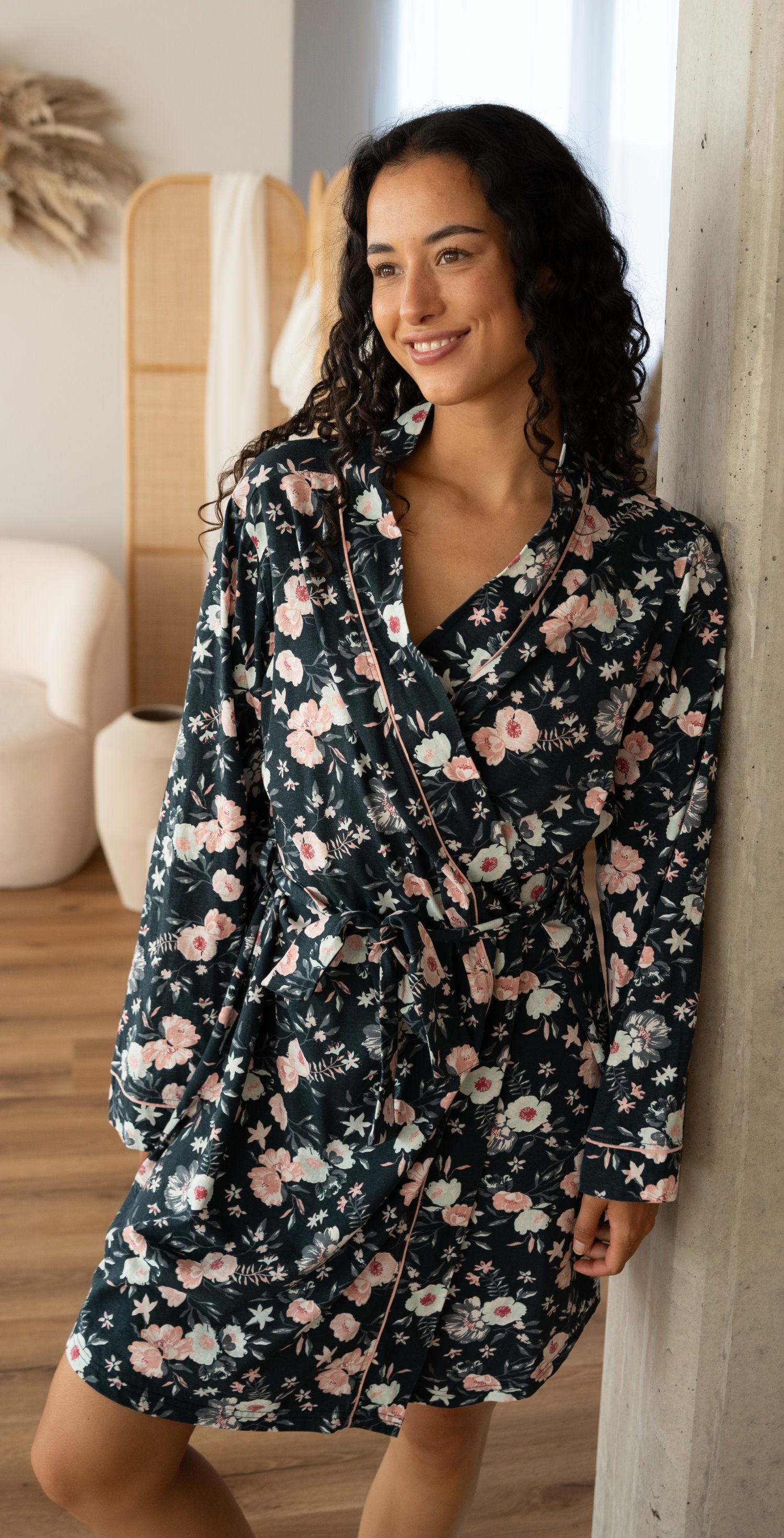 By Louise Kimono Damen Morgenmantel, Midi, Baumwolle, Kimonokragen, Gürtel, Baumwolle – Bild 4 von 4