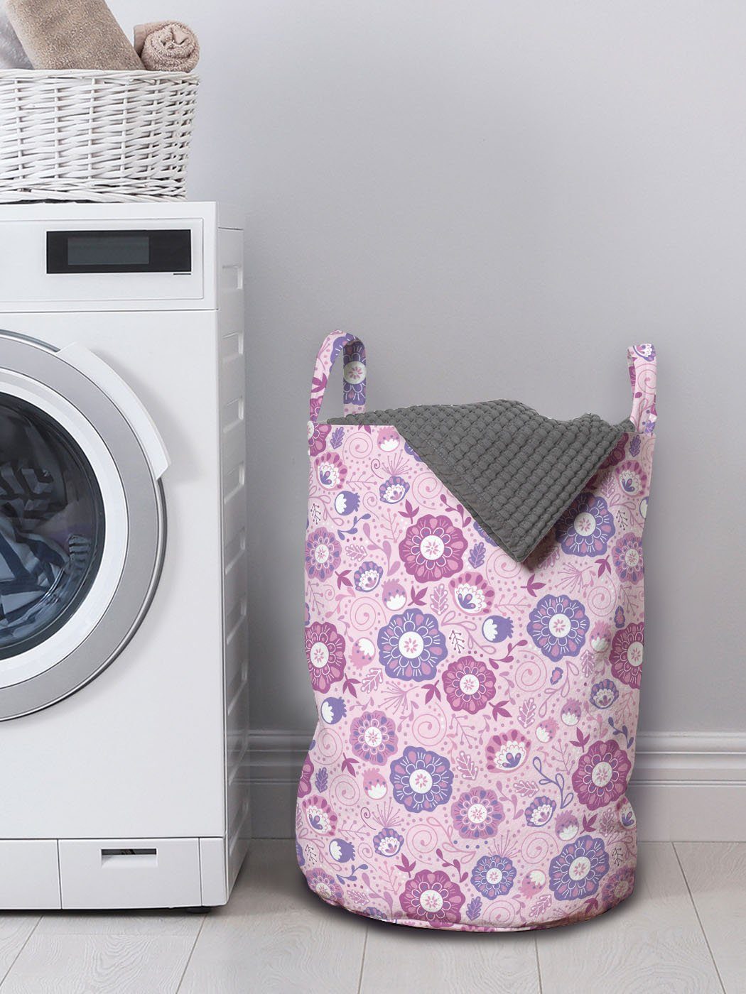 Abakuhaus Wäschesäckchen Wäschekorb mit Retro Motiv Griffen Kordelzugverschluss für Waschsalons, Blütenblätter Blumen