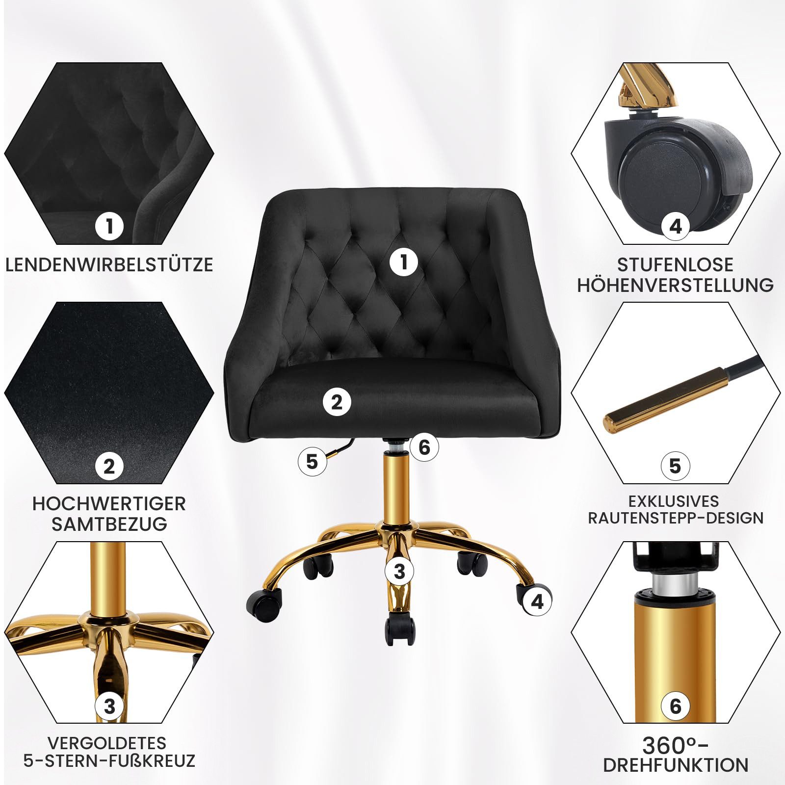 Fiximaster Polsterstuhl mit ergonomischer Rückenlehne, höhenverstellbarer Samt-Schminkstuhl (1 St), Drehstuhl und Bürostuhl, 360° drehbar – Bild 4 von 5