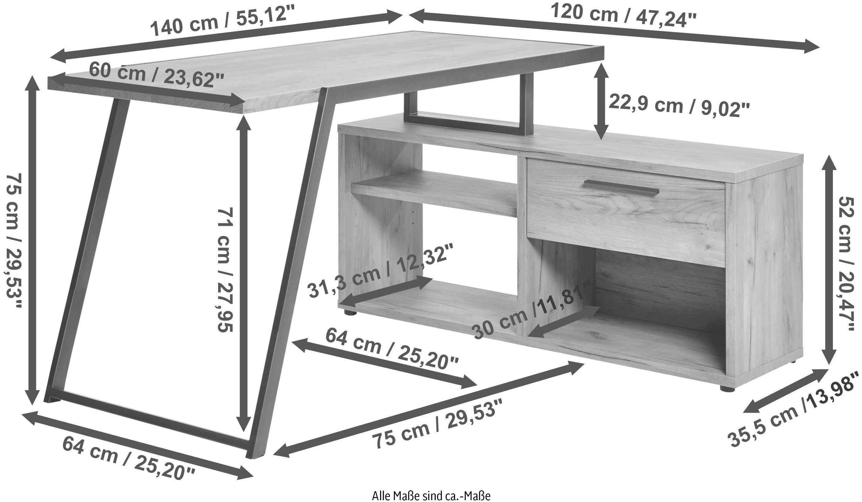 cm Jahnke 40 Breite montierbar, Eckschreibtisch Wing, wechselseitig