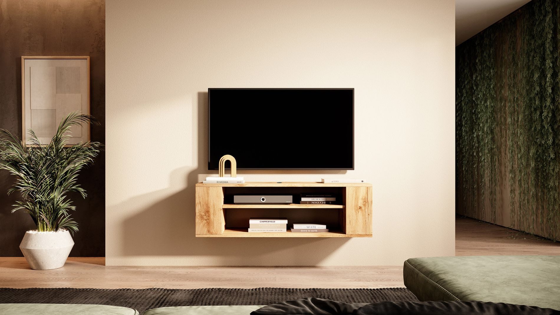 Selsey TV-Schrank WALL zur Wandmontage mit offenen Fächern, weiß / schwarz / Eiche-Optik