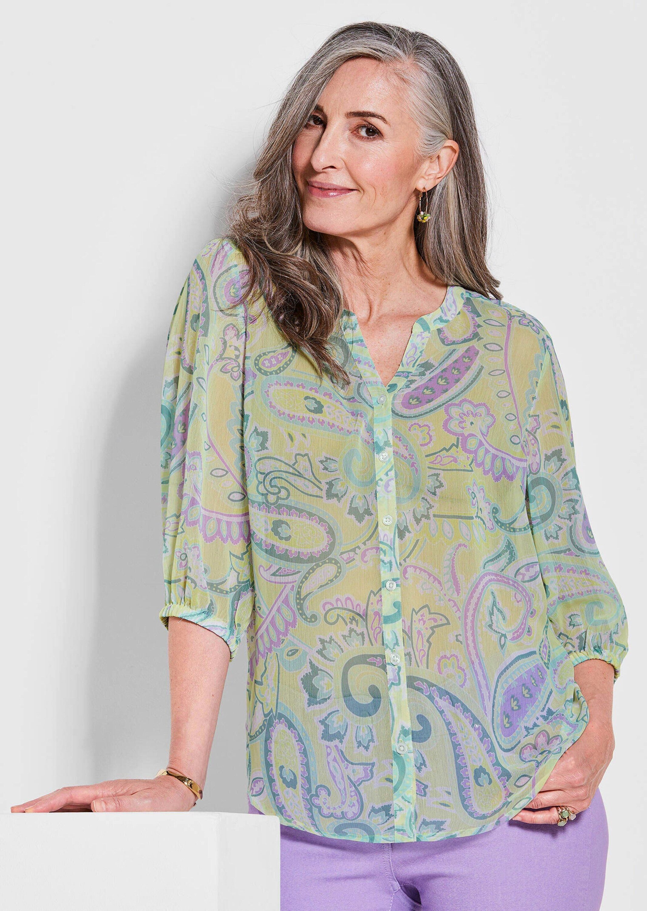 GOLDNER Chiffonbluse Druckbluse mit Paisley-Muster Zarte Chiffonbluse mit V-Ausschnitt und Knopfleiste