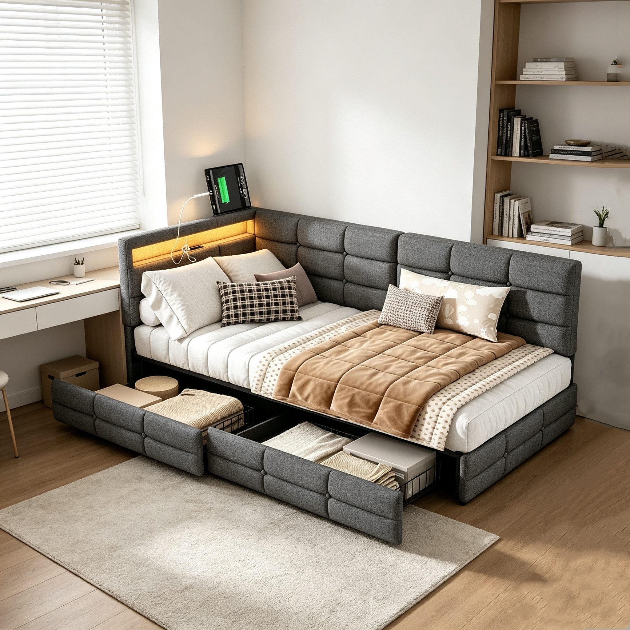 Simurq Daybed Modernes Tagesbett 90x200 cm, Polsterbett in Leinenoptik, Jugendbett, Holzlattenrost, mit Schubladen, mit USB Port+LED, Gästebett