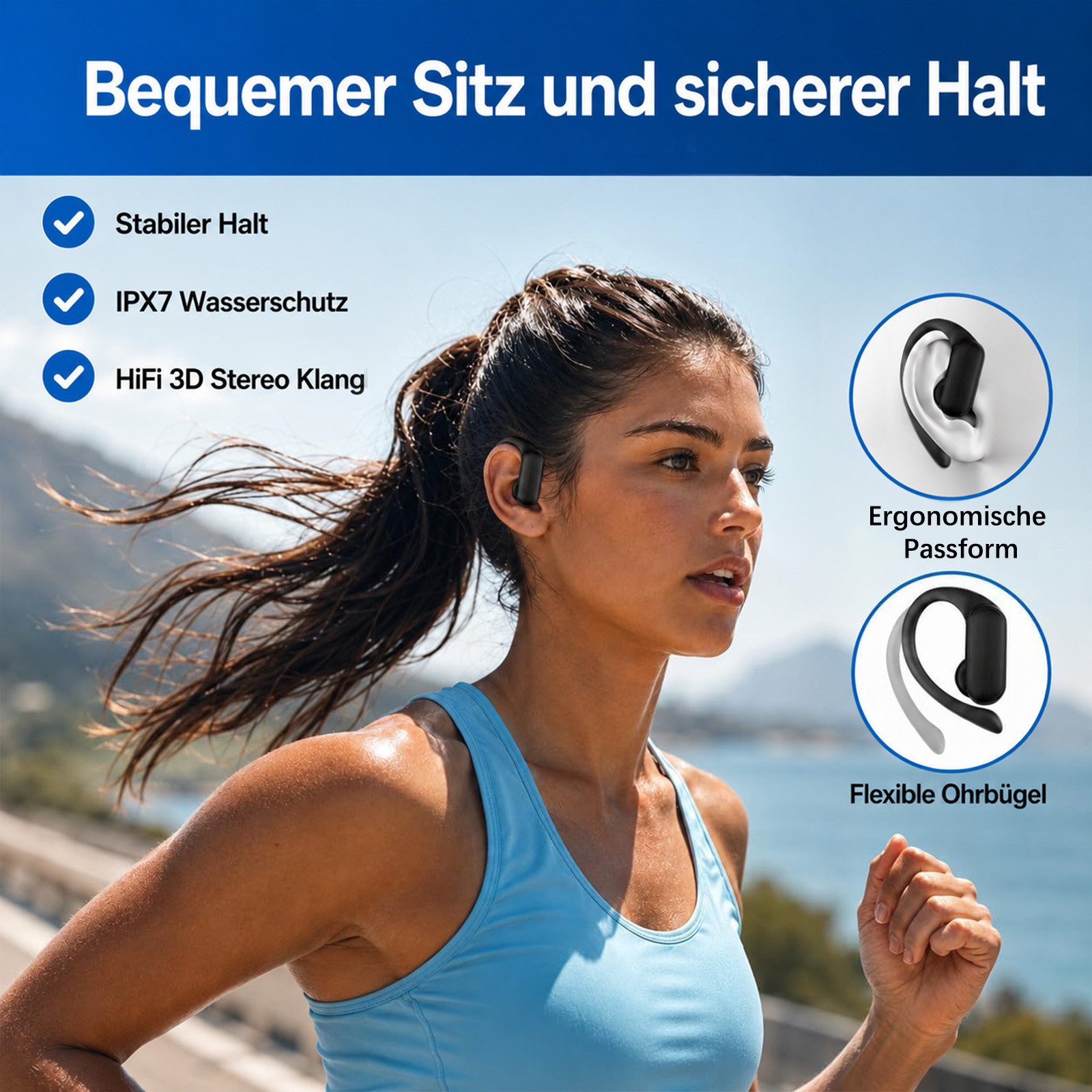 MOPUEA Open Ear Kopfhörer Bluetooth 5.3 Sport Kopfhörer In Ear mit Ladecase Open-Ear-Kopfhörer (Bluetooth 5.3 IPX7 ENC Mikrofon Touch und 60 Std Laufzeit)