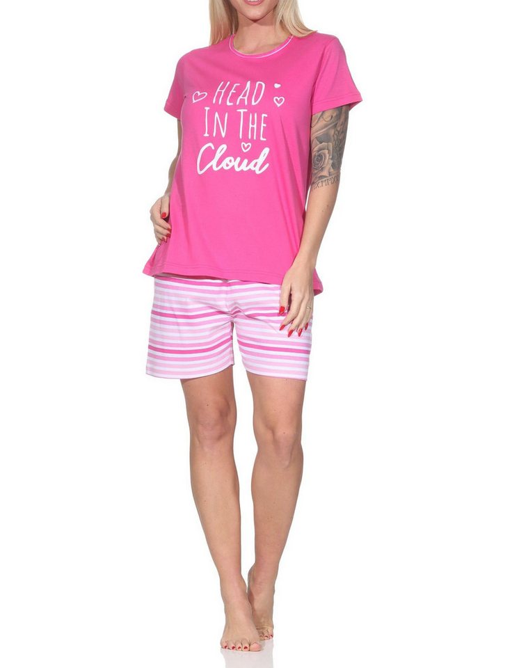Normann Pyjama Normann Damen Schlafanzug Shorty kurzarm mit gestreifter Pyjamahose