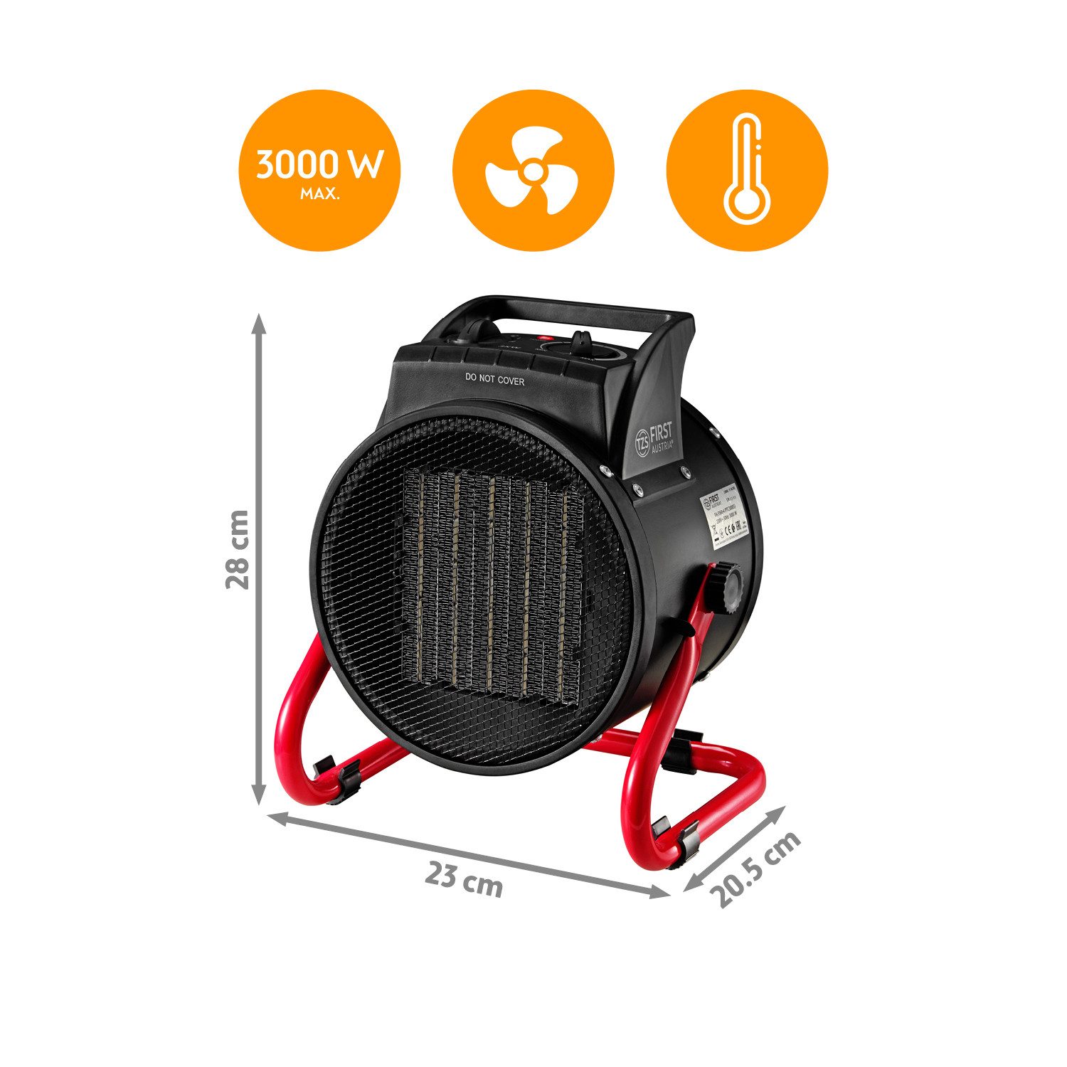 TZS FIRST AUSTRIA Keramikheizlüfter 3000W, Thermostat, Neigungsverstellbar & 2 Heizstufen, Tragegriff, Elektroheizer, Überhitzungsschutz & Drehschalter, Werkstatt & Garage