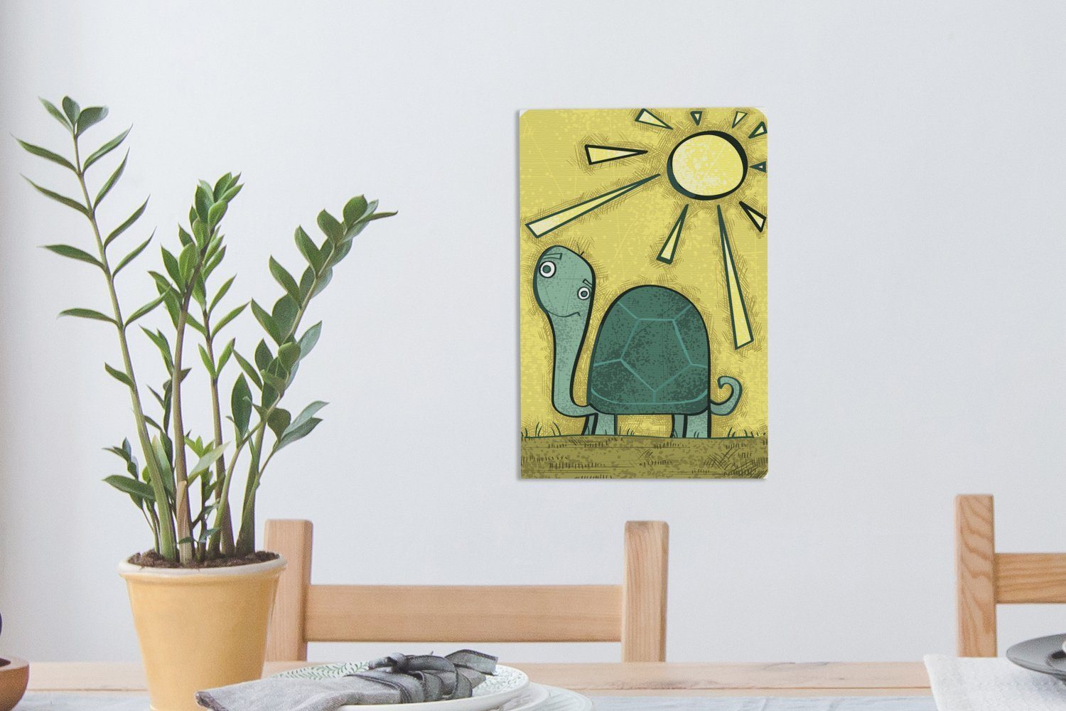 Illustration Schildkröte in OneMillionCanvasses® Leinwandbild cm einer Zackenaufhänger, Gemälde, inkl. 20x30 fertig Leinwandbild Sonne, bespannt St), der grünen (1