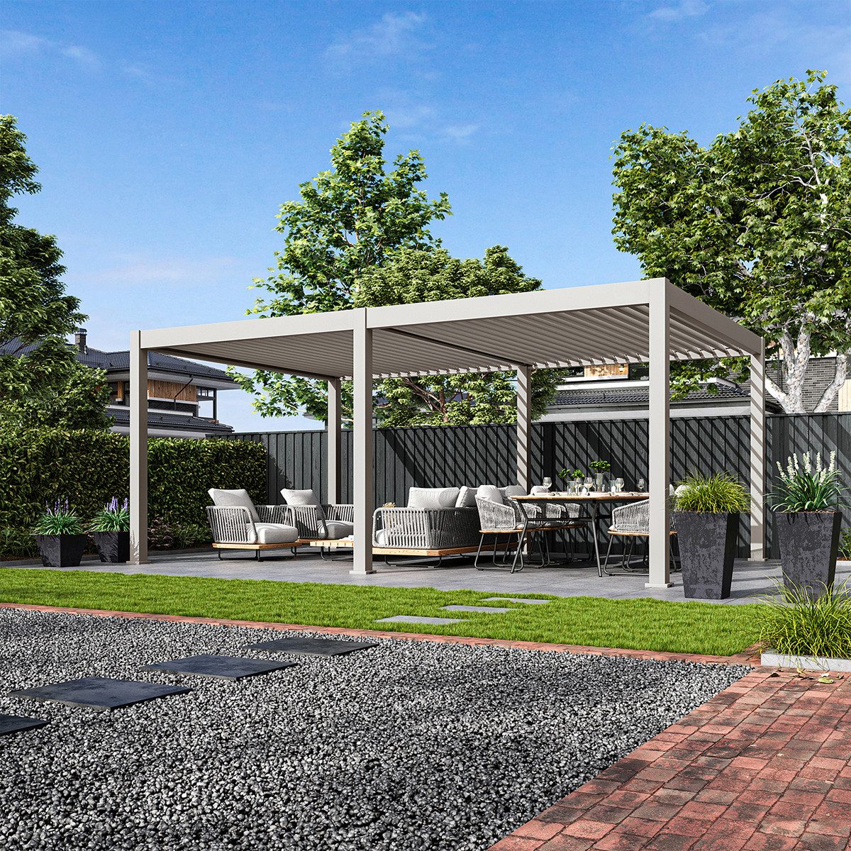 Weide Pergola Deluxe Plus Elektrisch Pavillon Terrassenüberdachung Alu LED 4 x 6 M, BxTxH: 600x400x255 cm, (Hochwertigstes Aluminium & verzinkte Stahl-Lamellen, Komplettset)