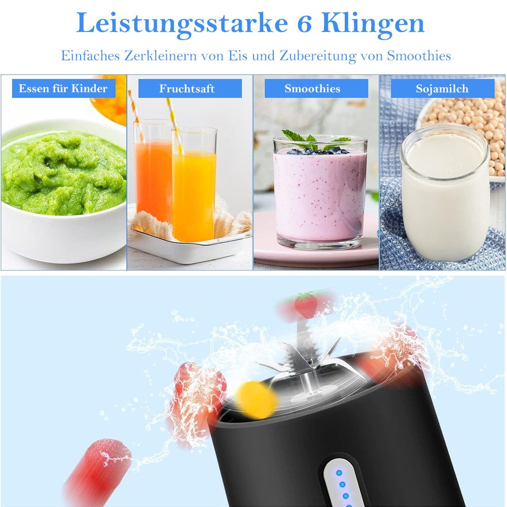 TUWENA Akku-Smoothie-Maker Tragbarer Mixer,500ml Smoothie Mixer Klein Mini Mixer Standmixer Klein, 6 Klingen, USB Aufladung Blender für Shake Milchshake Saft Babynahrung